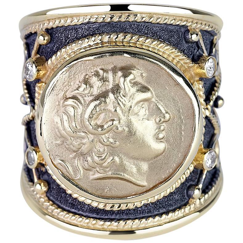 Georgios Collections 18 Karat Gold Diamond Ring with Alexander the Great Coin For Sale