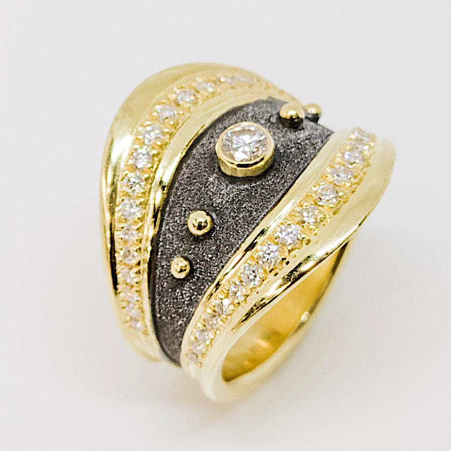 Byzantine Georgios Collections 18 Karat Gold Diamond Ring with Rhodium and Granulation For Sale