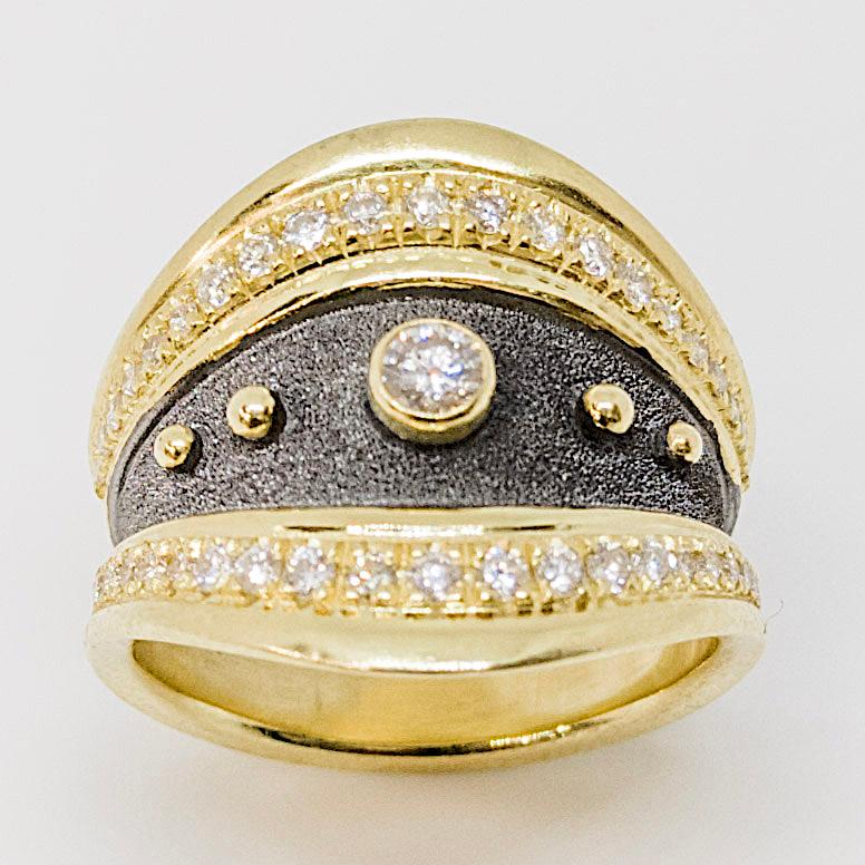Round Cut Georgios Collections 18 Karat Gold Diamond Ring with Rhodium and Granulation For Sale
