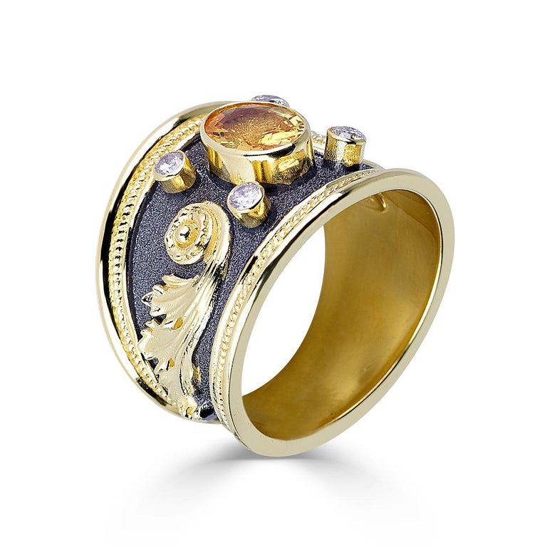S.Georgios Designer Two-tone Band Ring is Handmade from solid 18 Karat Yellow Gold. This gorgeous ring is microscopically decorated with gold wires and granulated details and has a two-tone contrast with a unique Byzantine velvet background finished