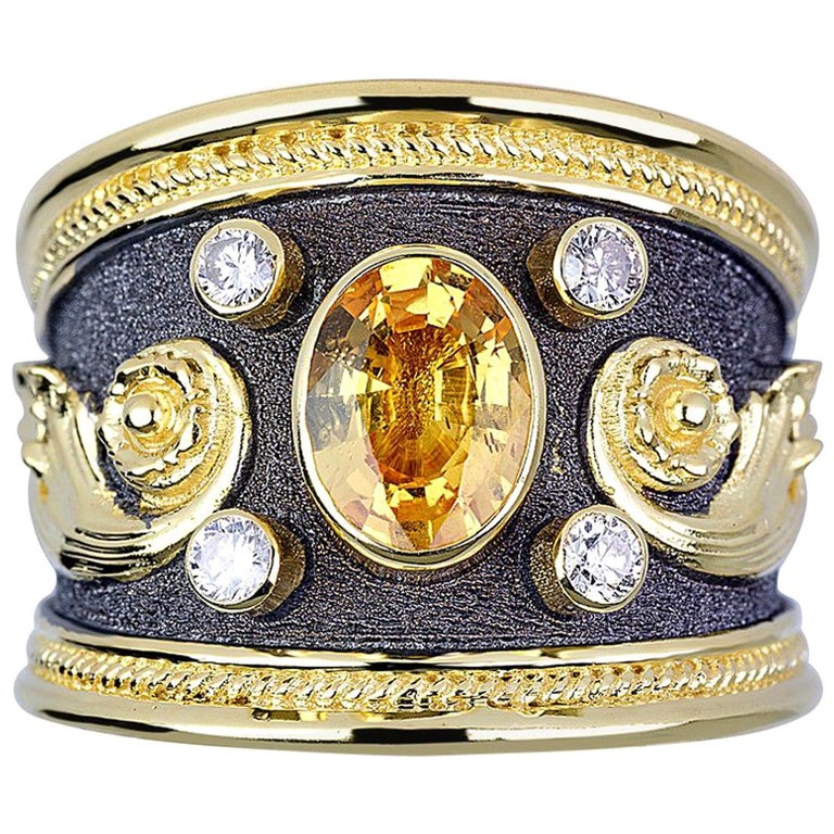 Georgios Collections 18 Karat Gold Yellow Sapphire Diamonds Two-Tone Band Ring For Sale