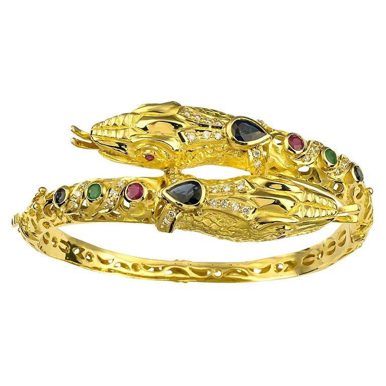 Georgios Collections 18 Karat Gold Diamond Ruby Emerald Sapphire Snake Bracelet In New Condition For Sale In Astoria, NY