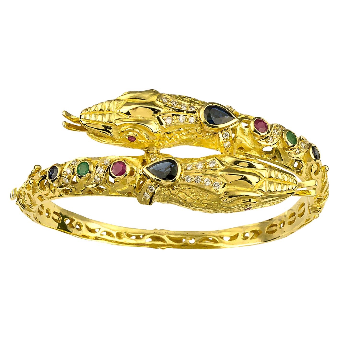 Georgios Collections 18 Karat Gold Diamond Ruby Emerald Sapphire Snake Bracelet For Sale