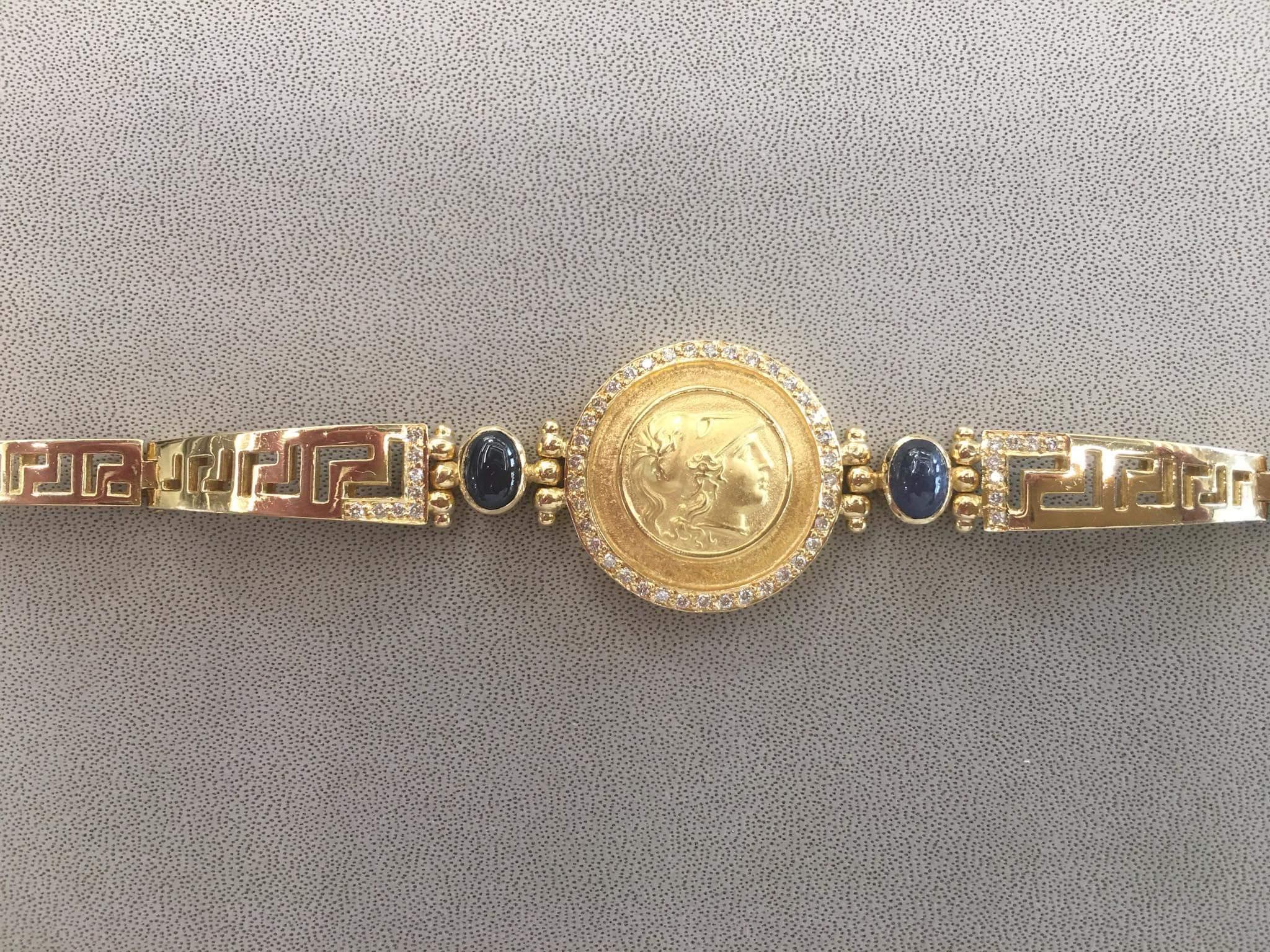 Cabochon Georgios Collections 18 Karat Gold Diamond Sapphire Coin Greek Design Bracelet For Sale