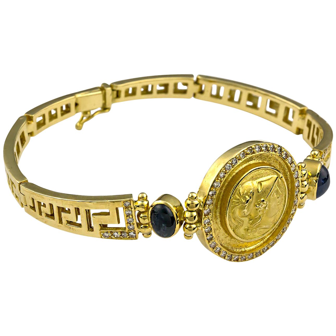 Georgios Collections 18 Karat Gold Diamond Sapphire Coin Greek Design Bracelet For Sale