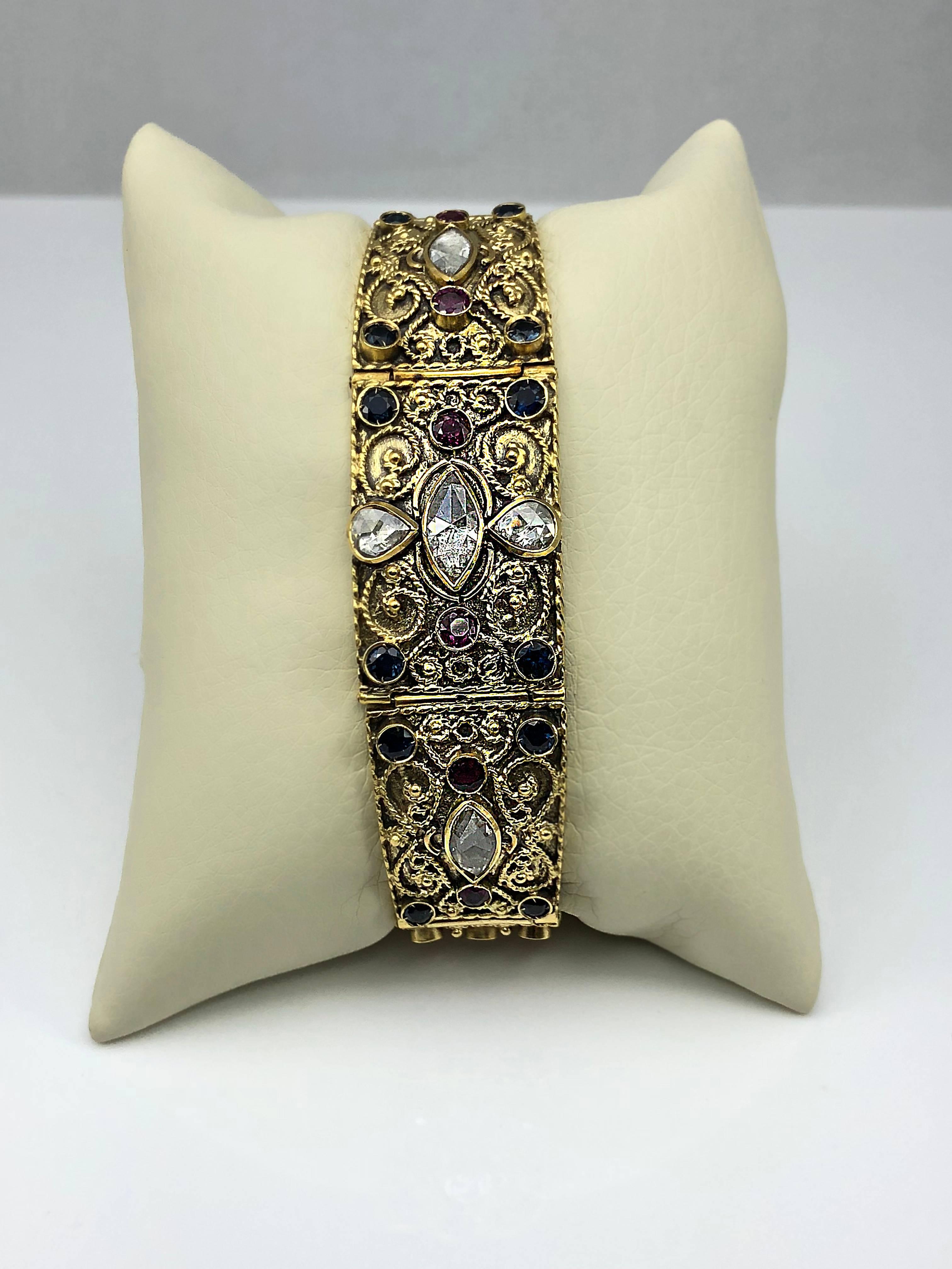 Marquise Cut Georgios Collections 18 Karat Gold Diamond Sapphire Ruby Byzantine Bracelet For Sale
