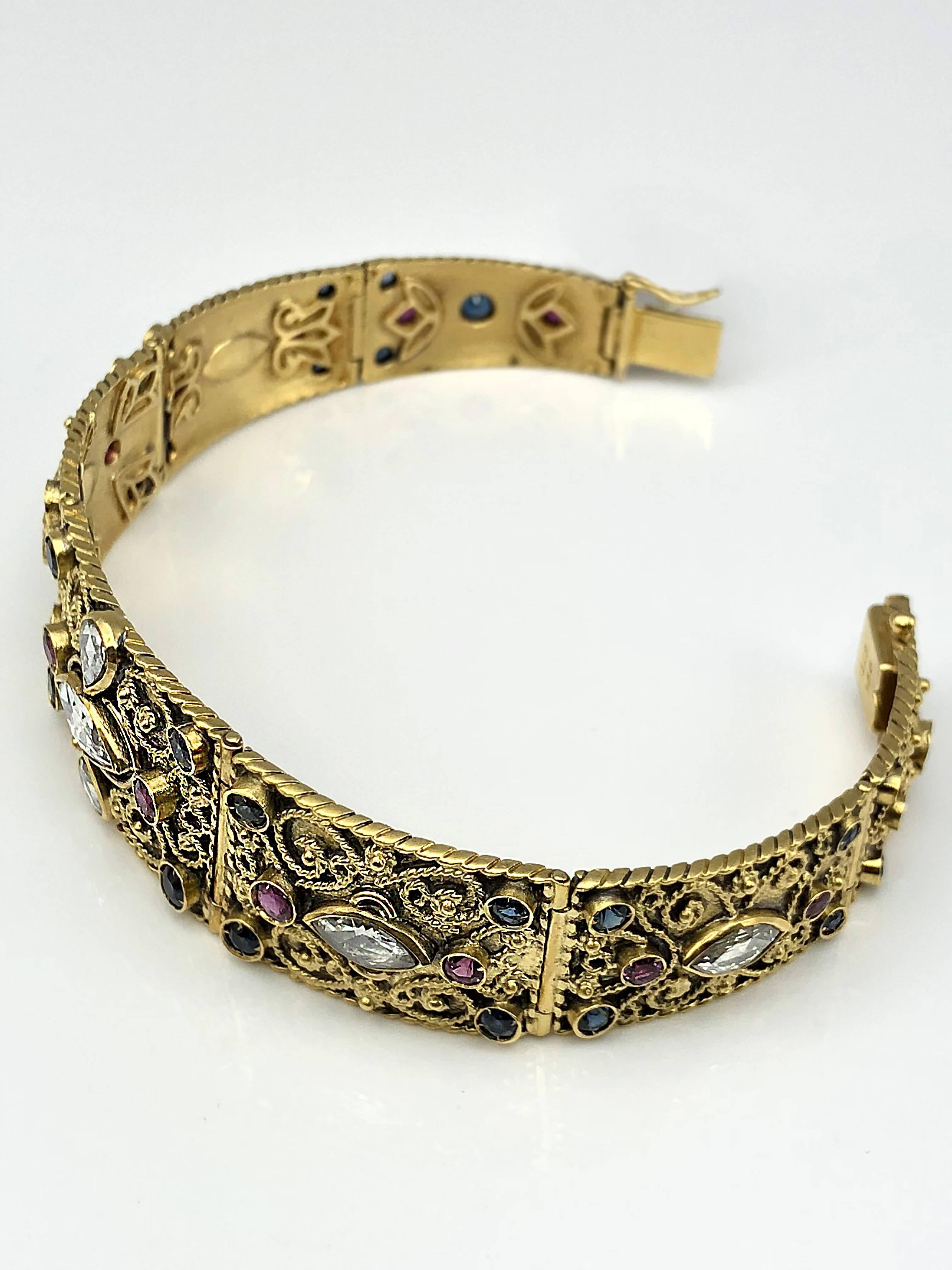 Georgios Collections 18 Karat Gold Diamond Sapphire Ruby Byzantine Bracelet In New Condition For Sale In Astoria, NY