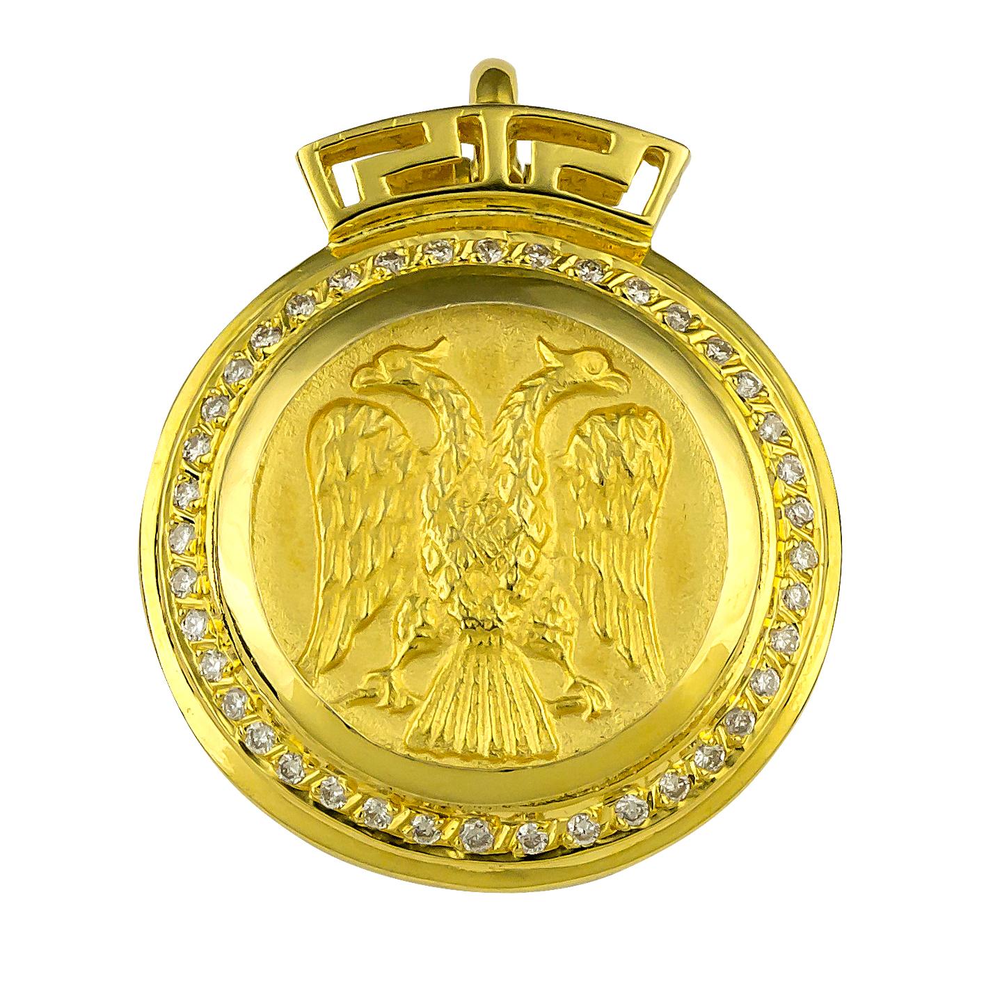 Round Cut Georgios Collections 18 Karat Gold Double Headed Eagle Diamond Coin Key Pendant For Sale