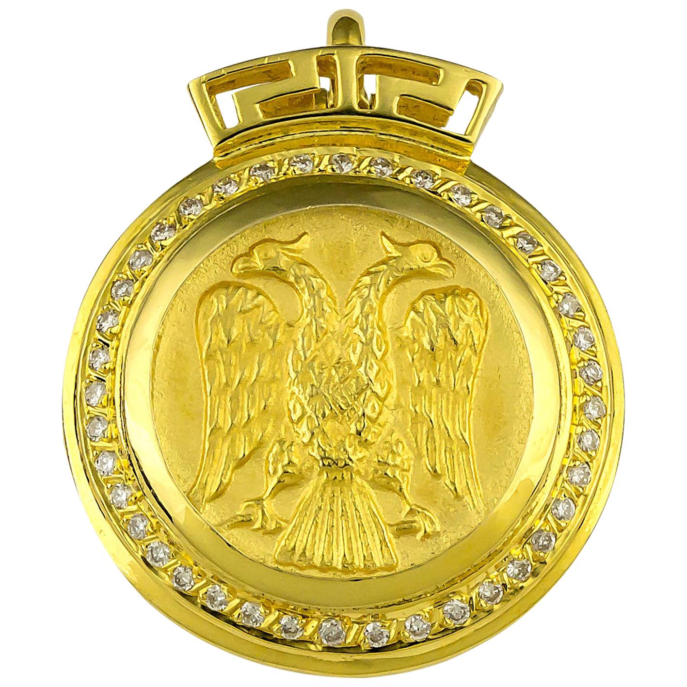 Georgios Collections 18 Karat Gold Double Headed Eagle Diamond Coin Key Pendant For Sale