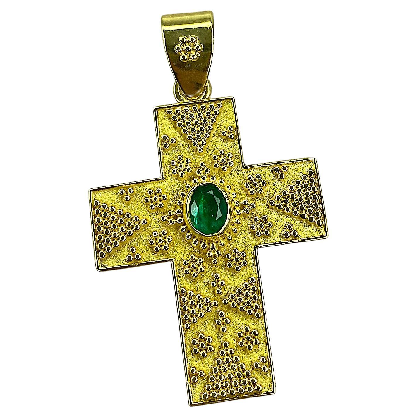 Georgios Collections 18 Karat Gold Emerald and Granulation Byzantine Cross For Sale