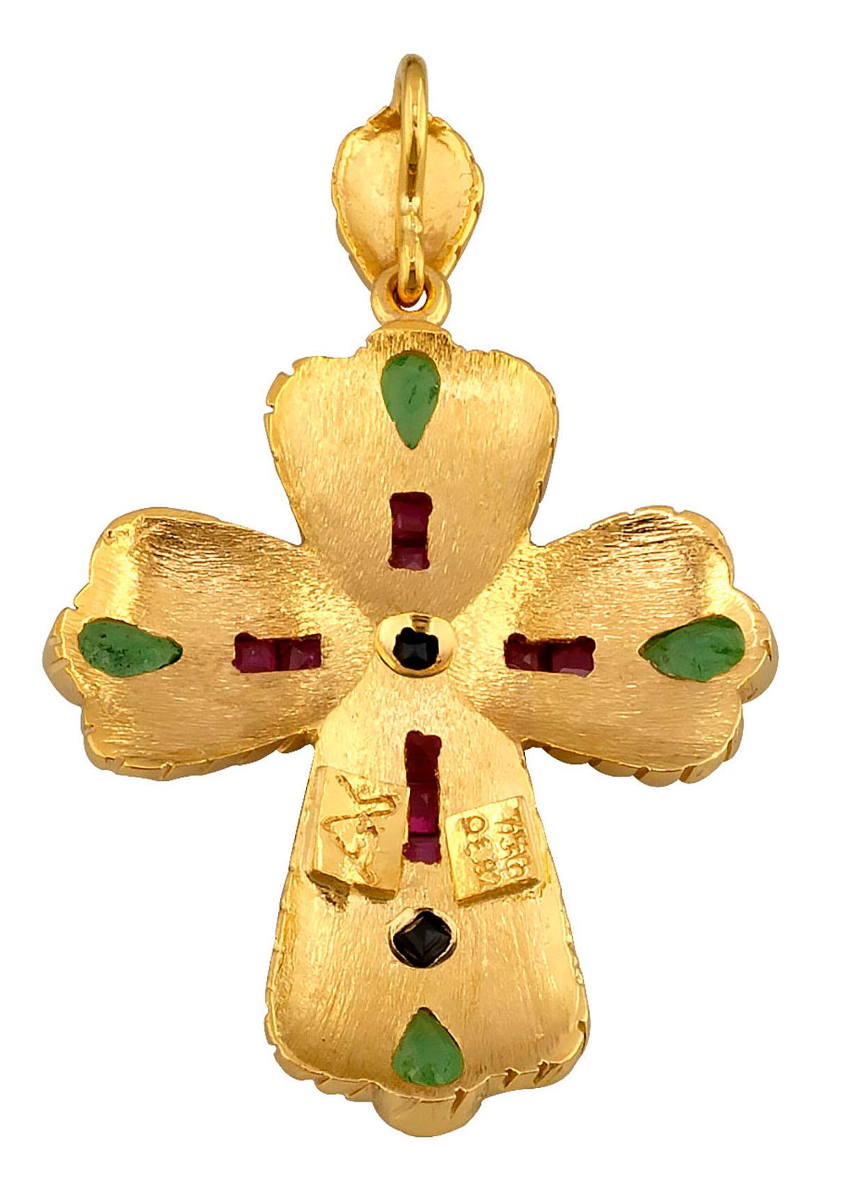 Georgios Kollektionen 18 Karat Gold Smaragd Saphir Rubine Multi-Color Kreuz im Angebot 1