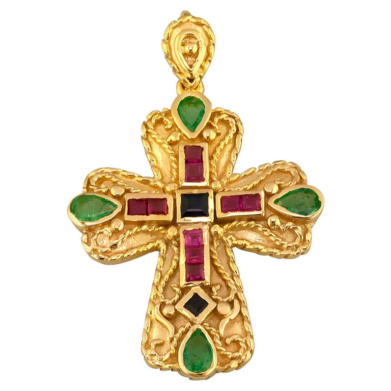 Georgios Collections 18 Karat Gold Emerald Sapphire Ruby Multi-Color Cross For Sale