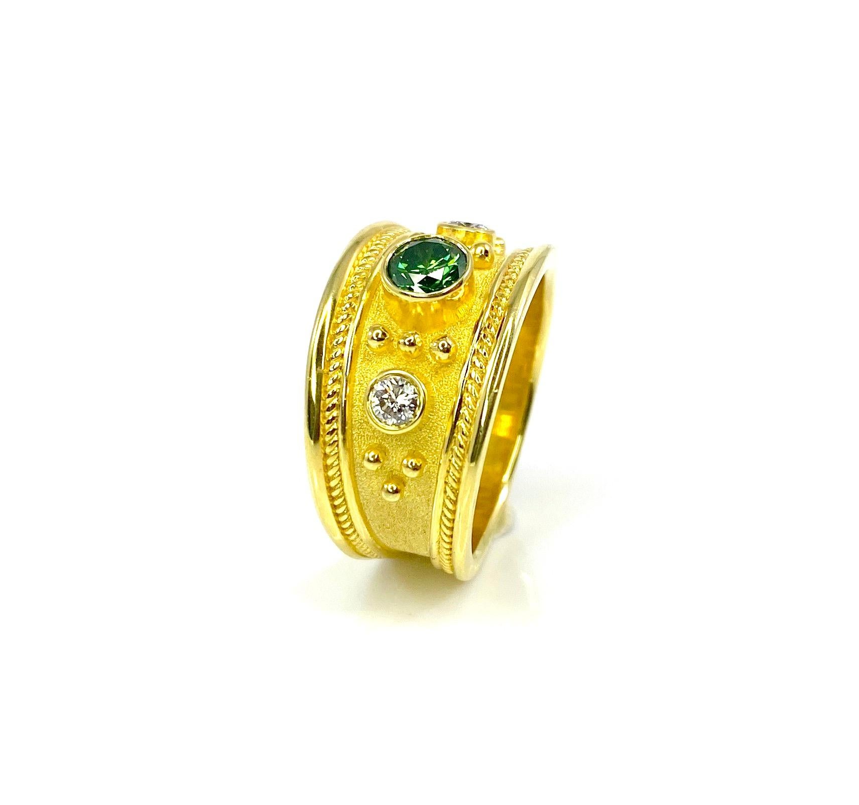 Georgios Collections 18 Karat Gold Green and White Diamond Granulation Ring  For Sale 4