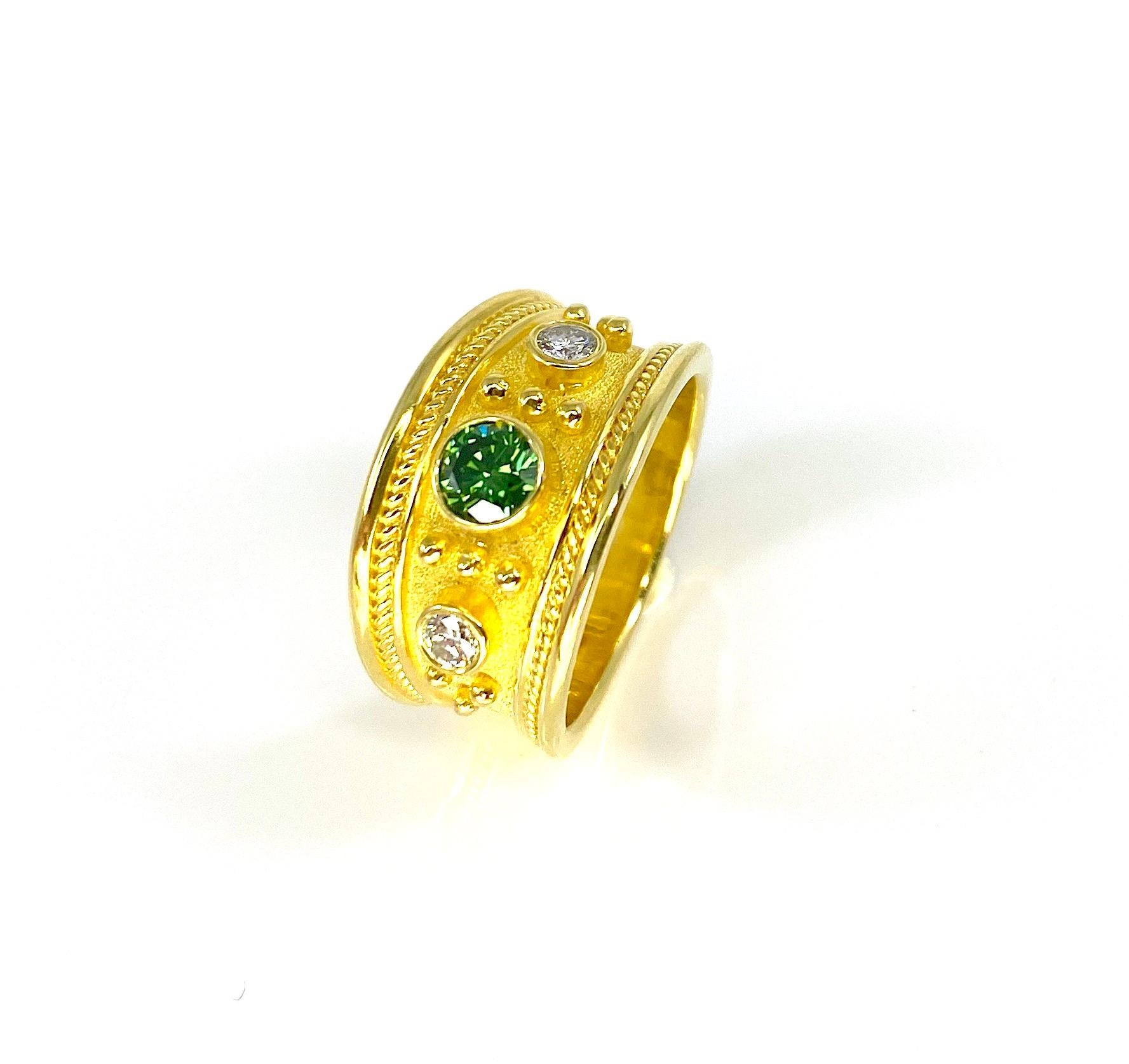 Georgios Collections 18 Karat Gold Green and White Diamond Granulation Ring  For Sale 5
