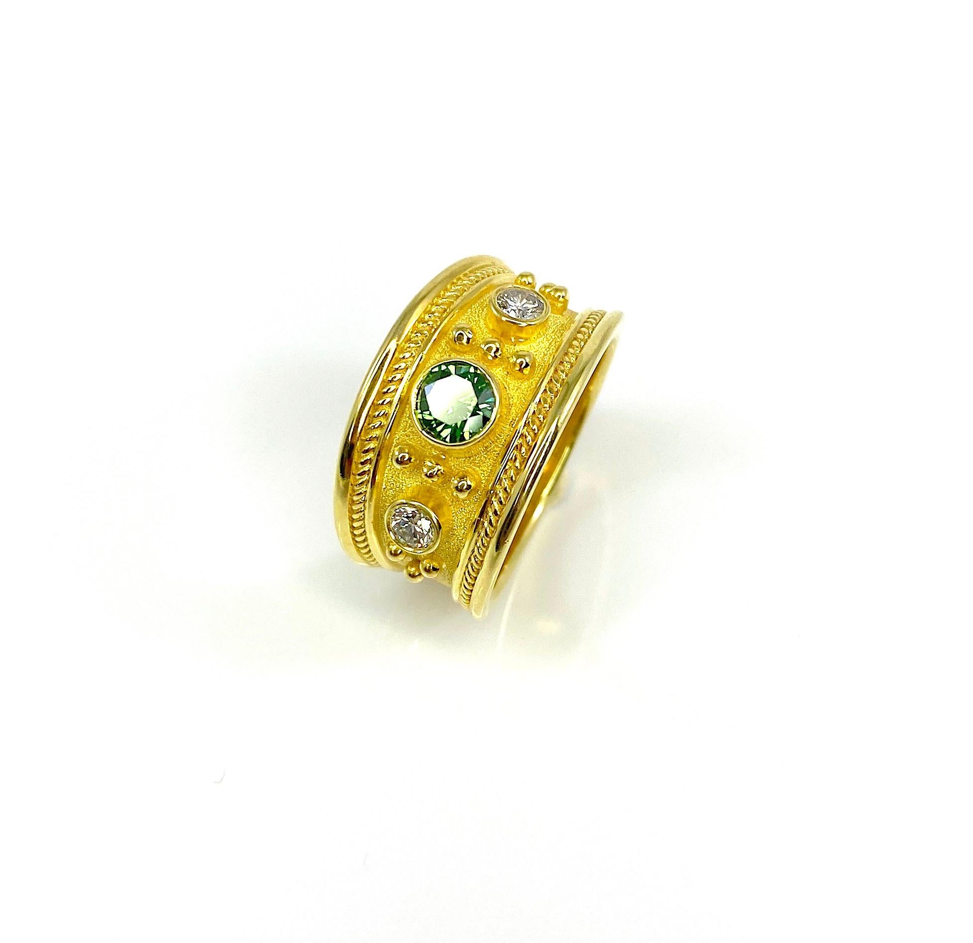 Georgios Collections 18 Karat Gold Green and White Diamond Granulation Ring  For Sale 7