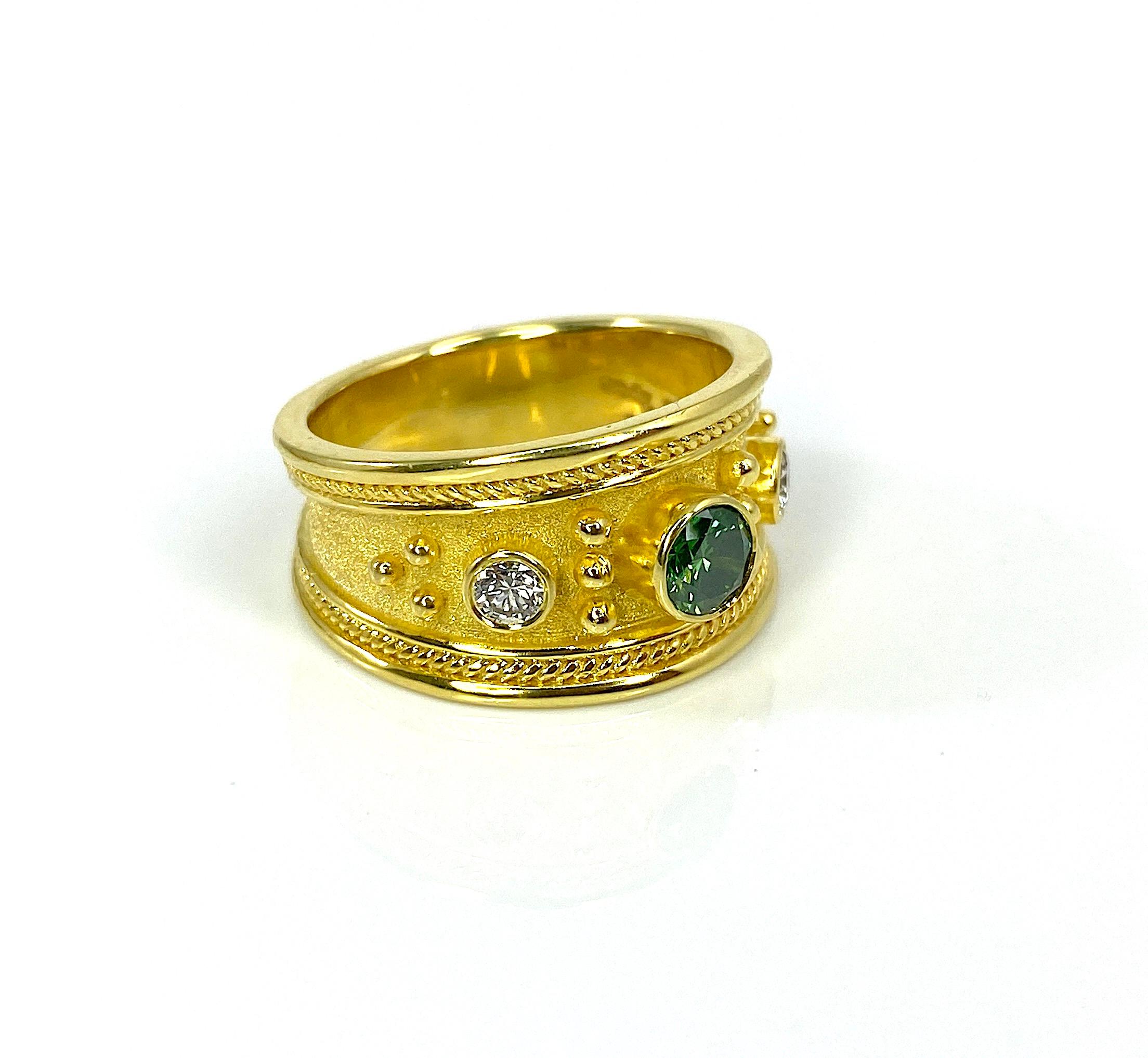 Georgios Collections 18 Karat Gold Green and White Diamond Granulation Ring  For Sale 8
