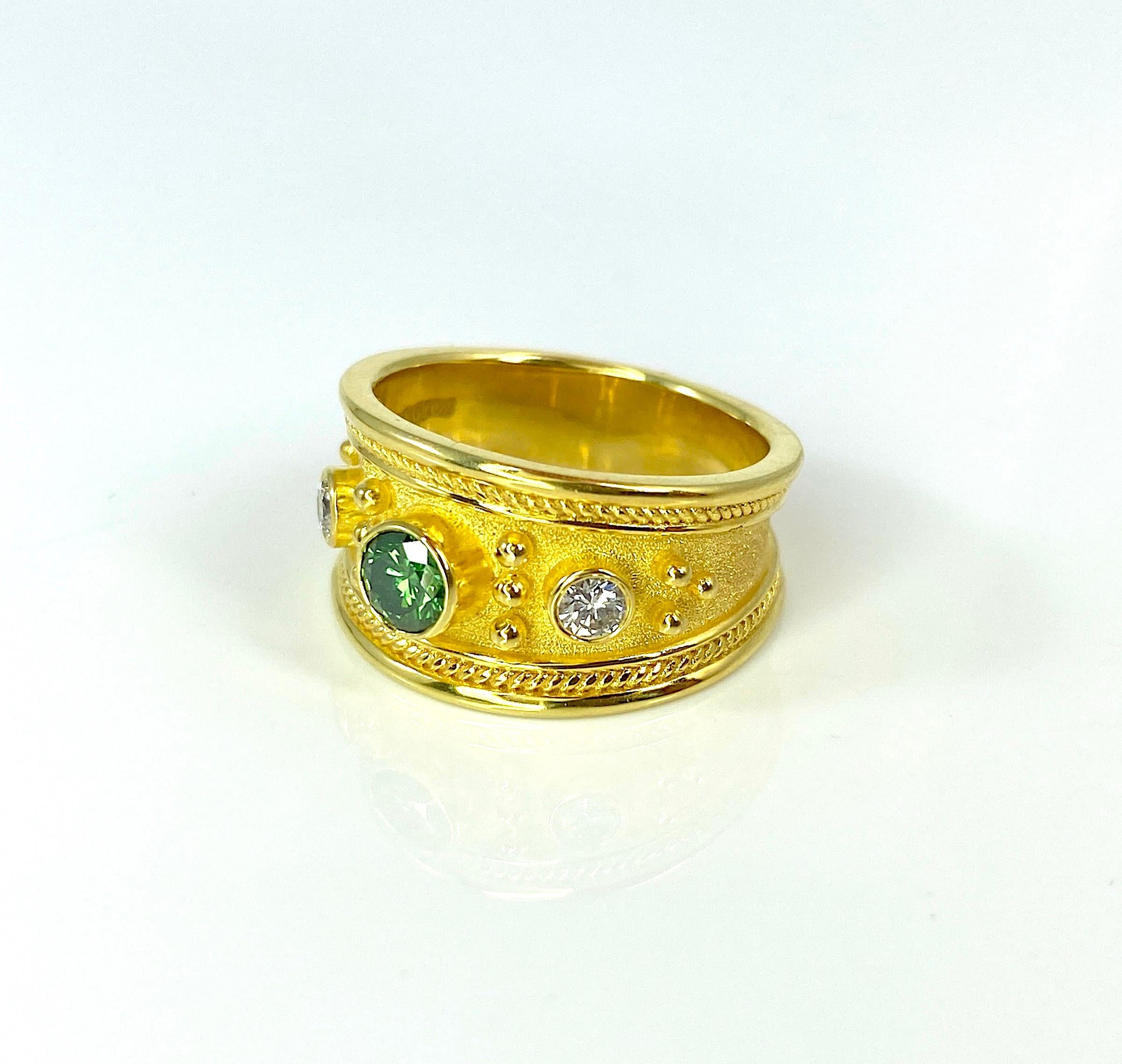 Byzantine Georgios Collections 18 Karat Gold Green and White Diamond Granulation Ring  For Sale