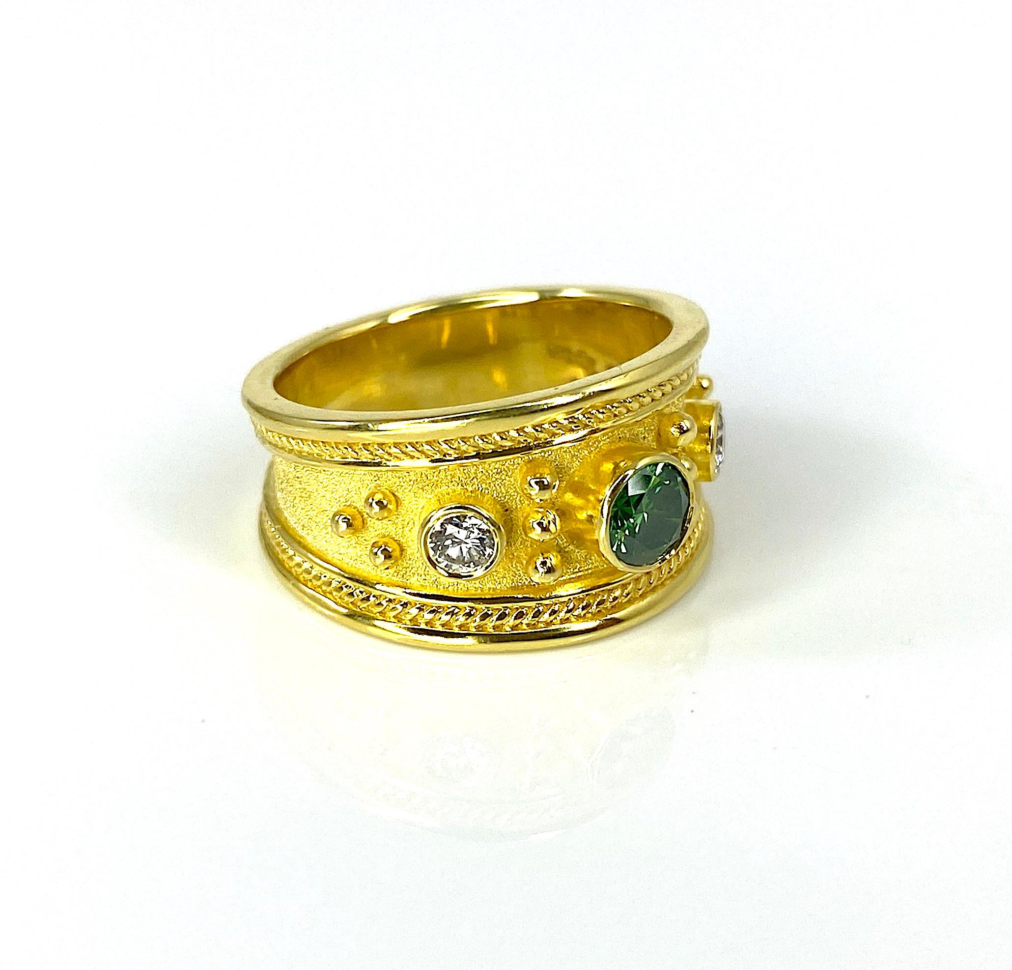 Georgios Collections 18 Karat Gold Green and White Diamond Granulation Ring  For Sale 1