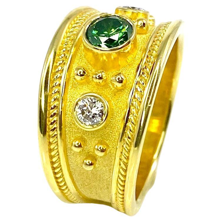 Georgios Collections 18 Karat Gold Green and White Diamond Granulation Ring  For Sale