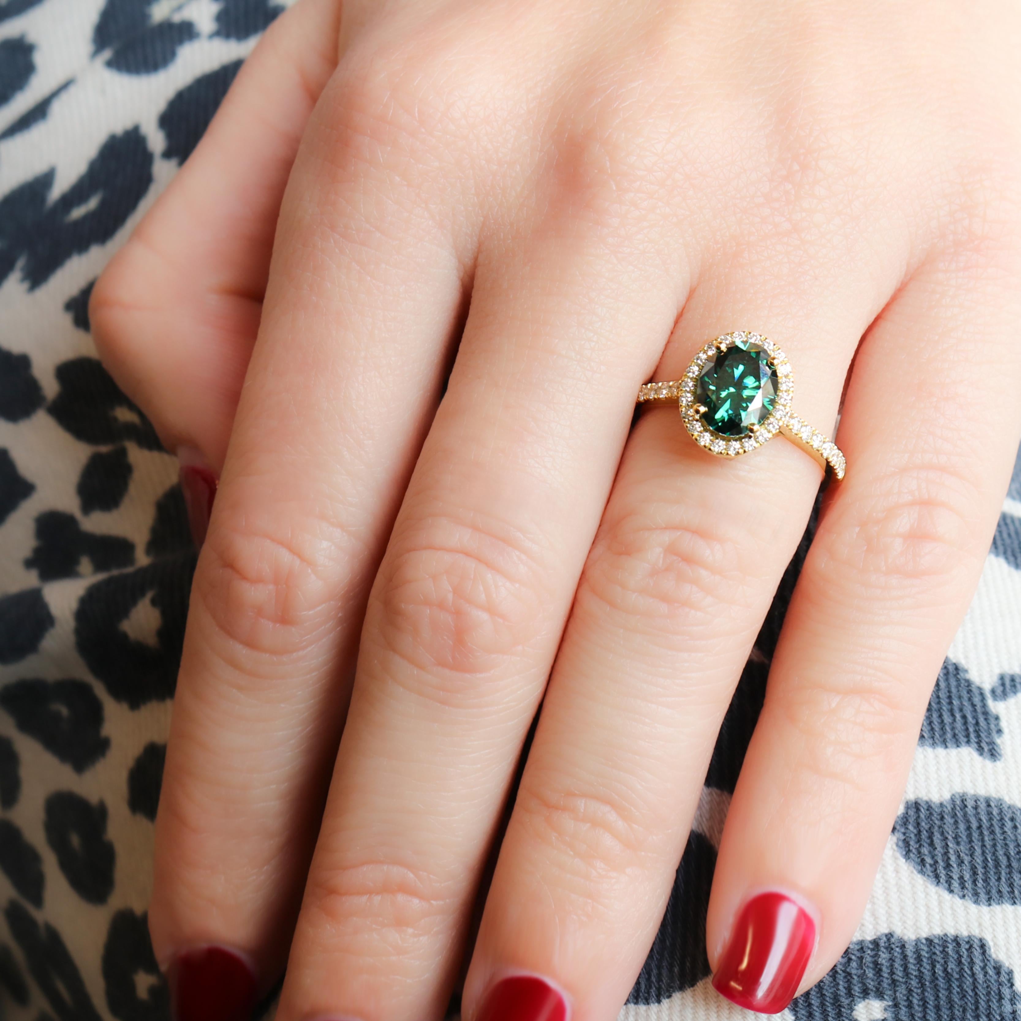 Georgios Collections 18 Karat Gold Green Oval Moissanite Ring with Diamond For Sale 5
