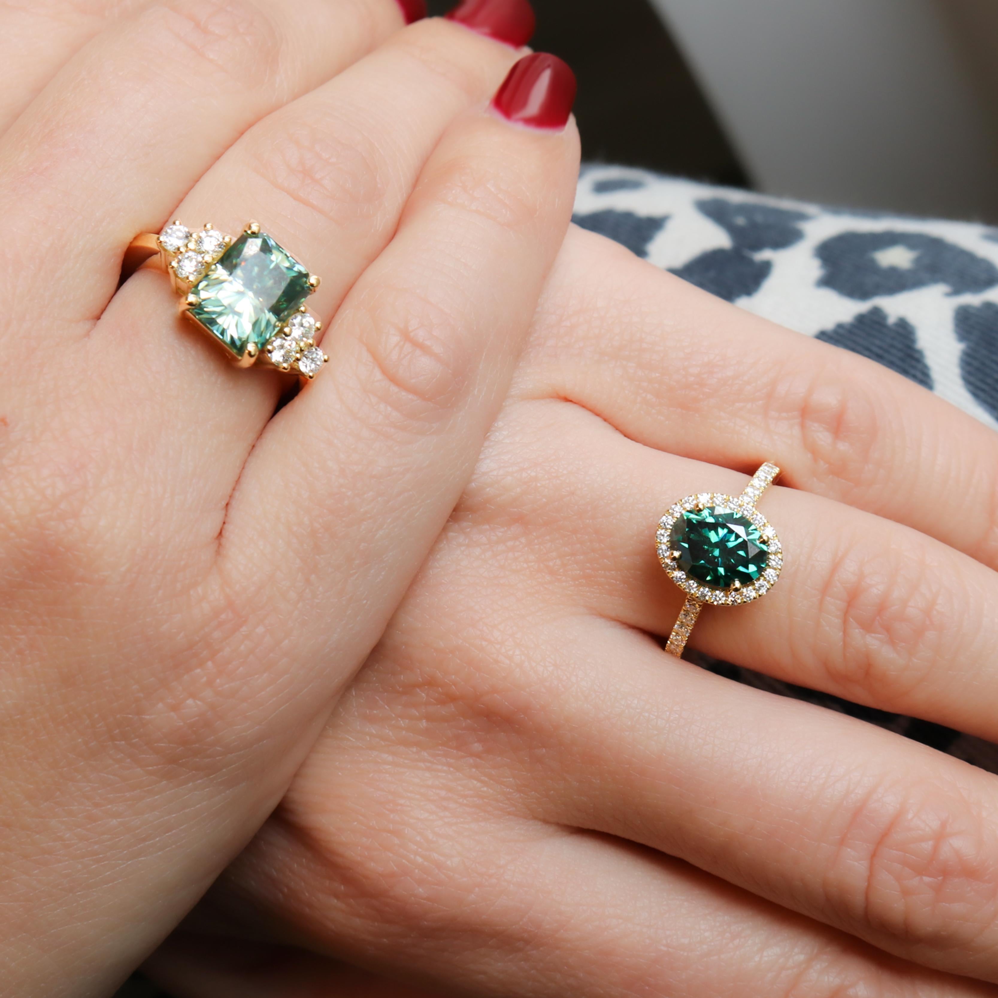 Georgios Collections 18 Karat Gold Green Oval Moissanite Ring with Diamond For Sale 6