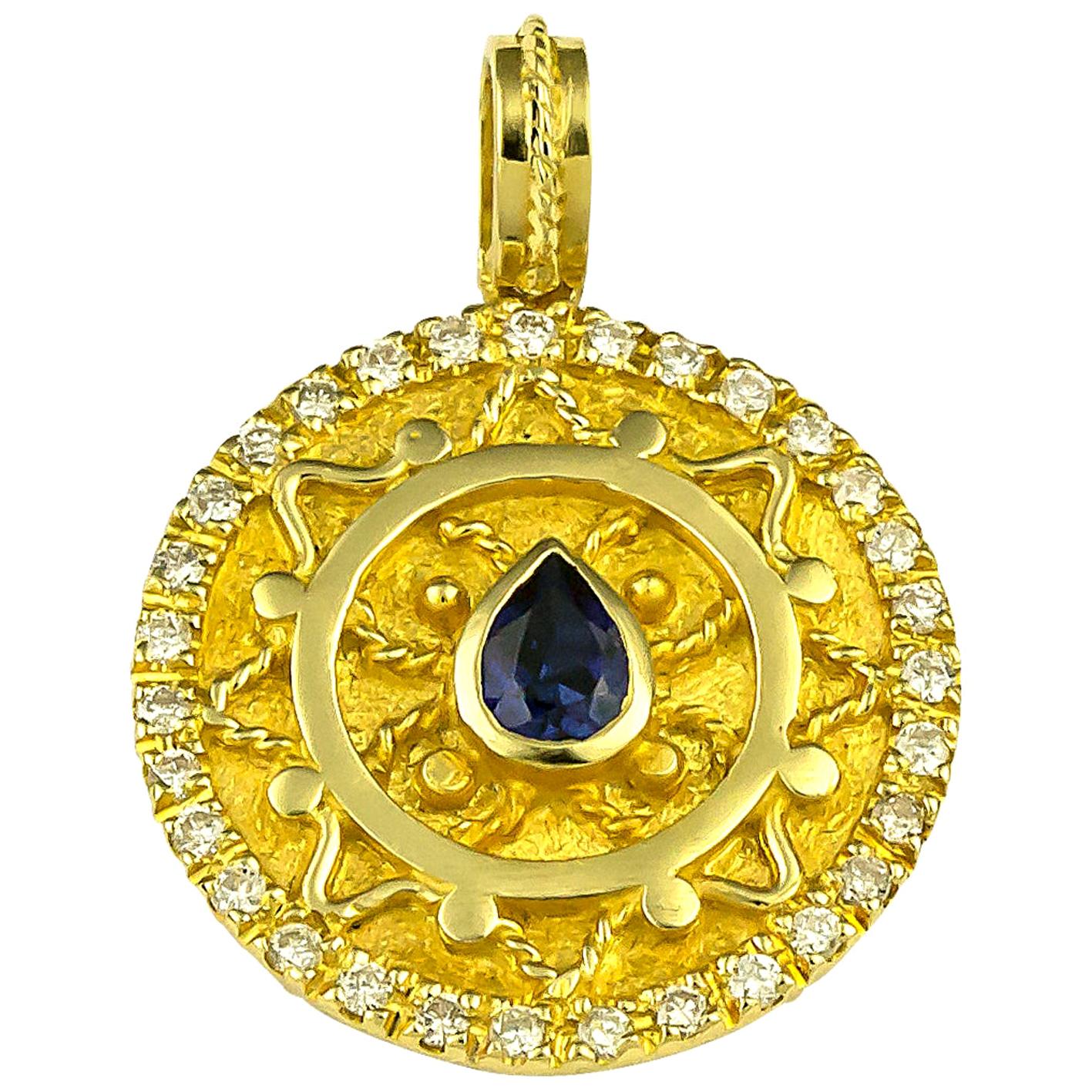 Collier pendentif Georgios Collections en or 18 carats avec saphir en forme de poire et diamants