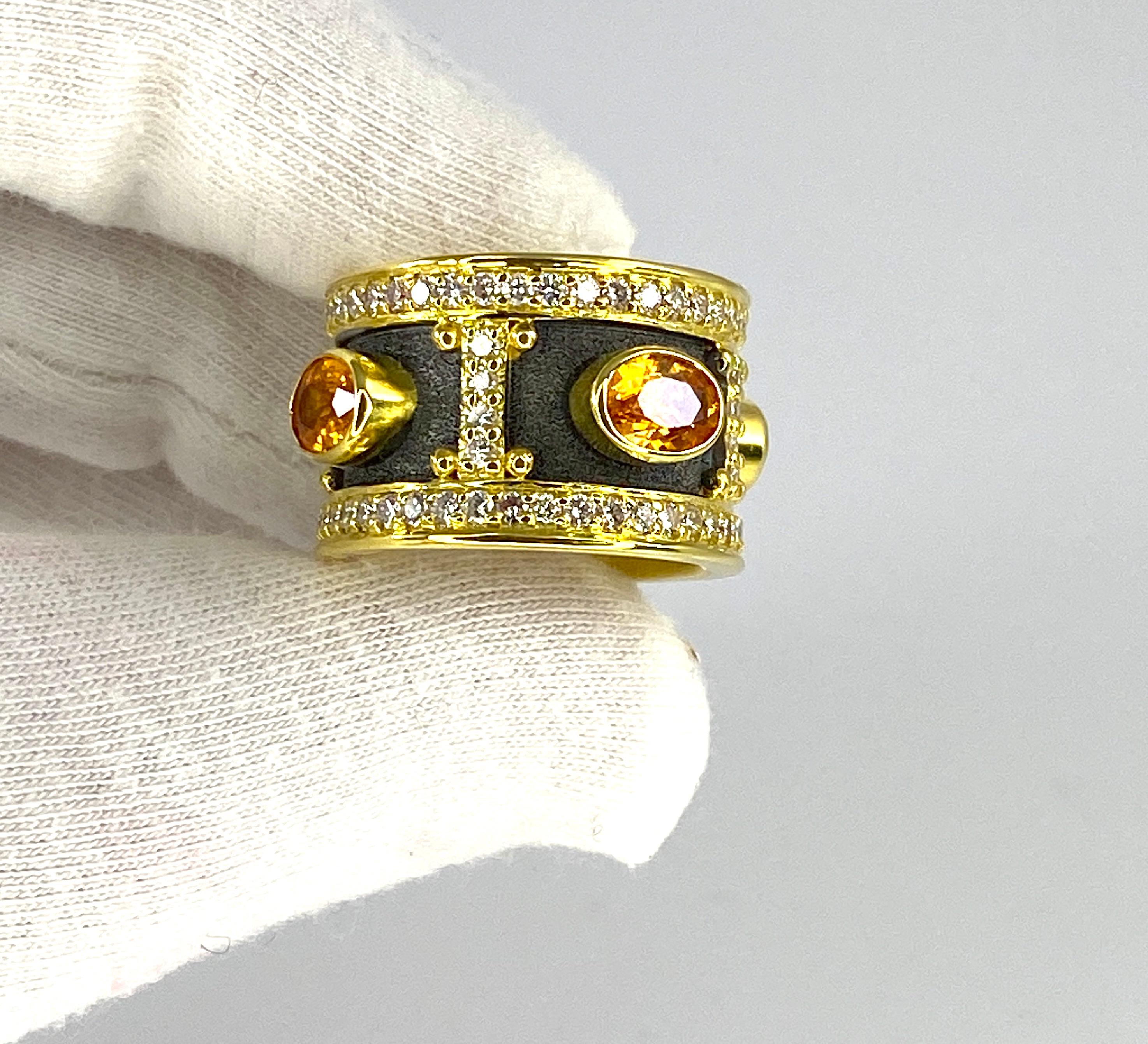 Oval Cut Georgios Collections 18 Karat Gold Rhodium Yellow Sapphire and Diamond Ring For Sale