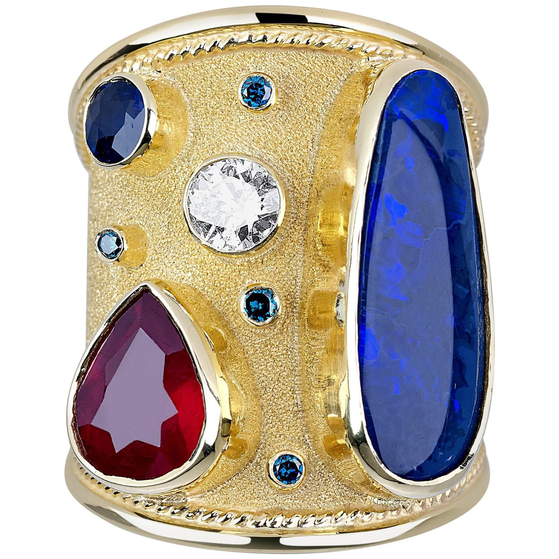 Georgios Collections 18 Karat Gold Ring with Opal Ruby Sapphire and Blue Diamond