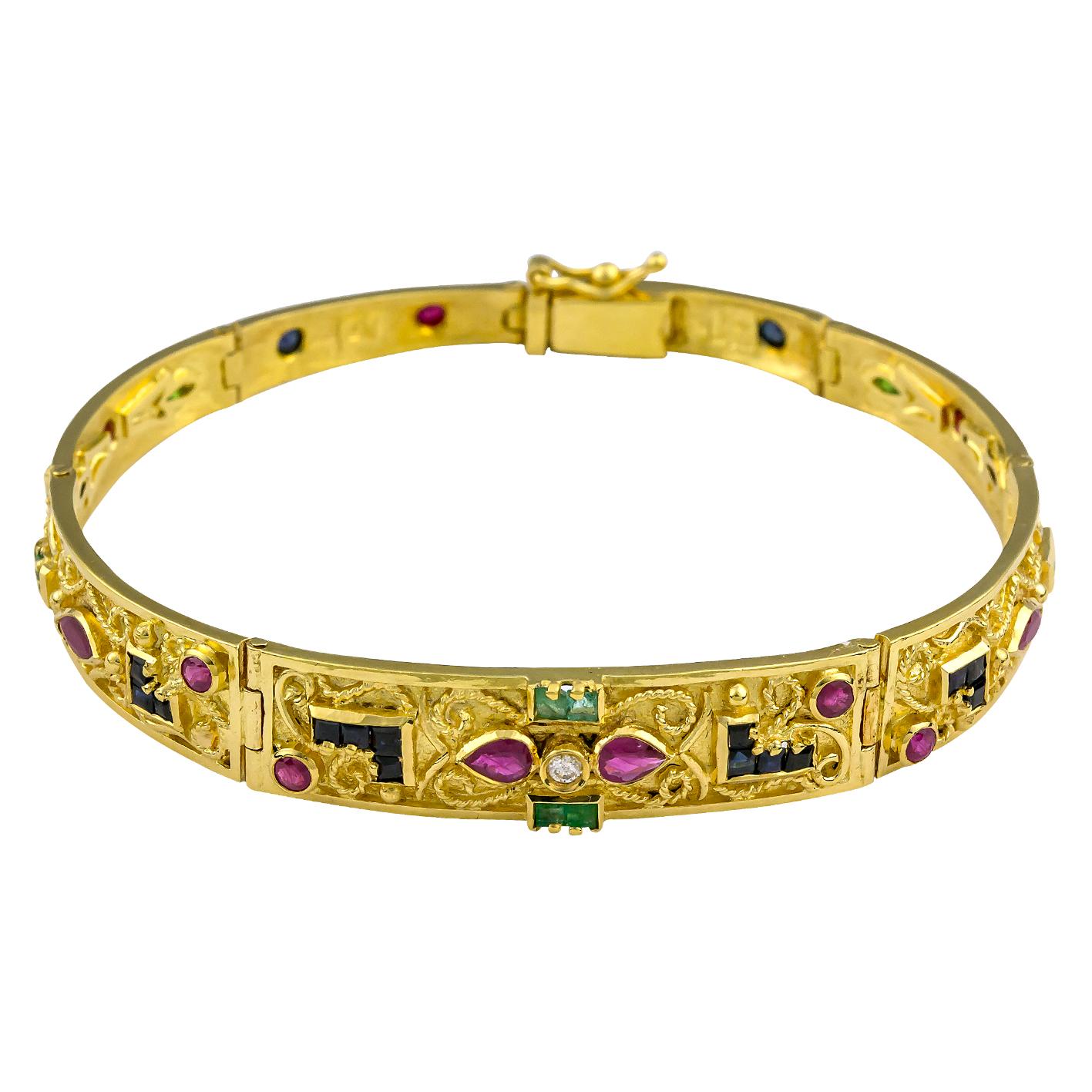 Georgios Collections 18 Karat Gold Ruby Emerald Sapphire and Diamond Bracelet For Sale 1