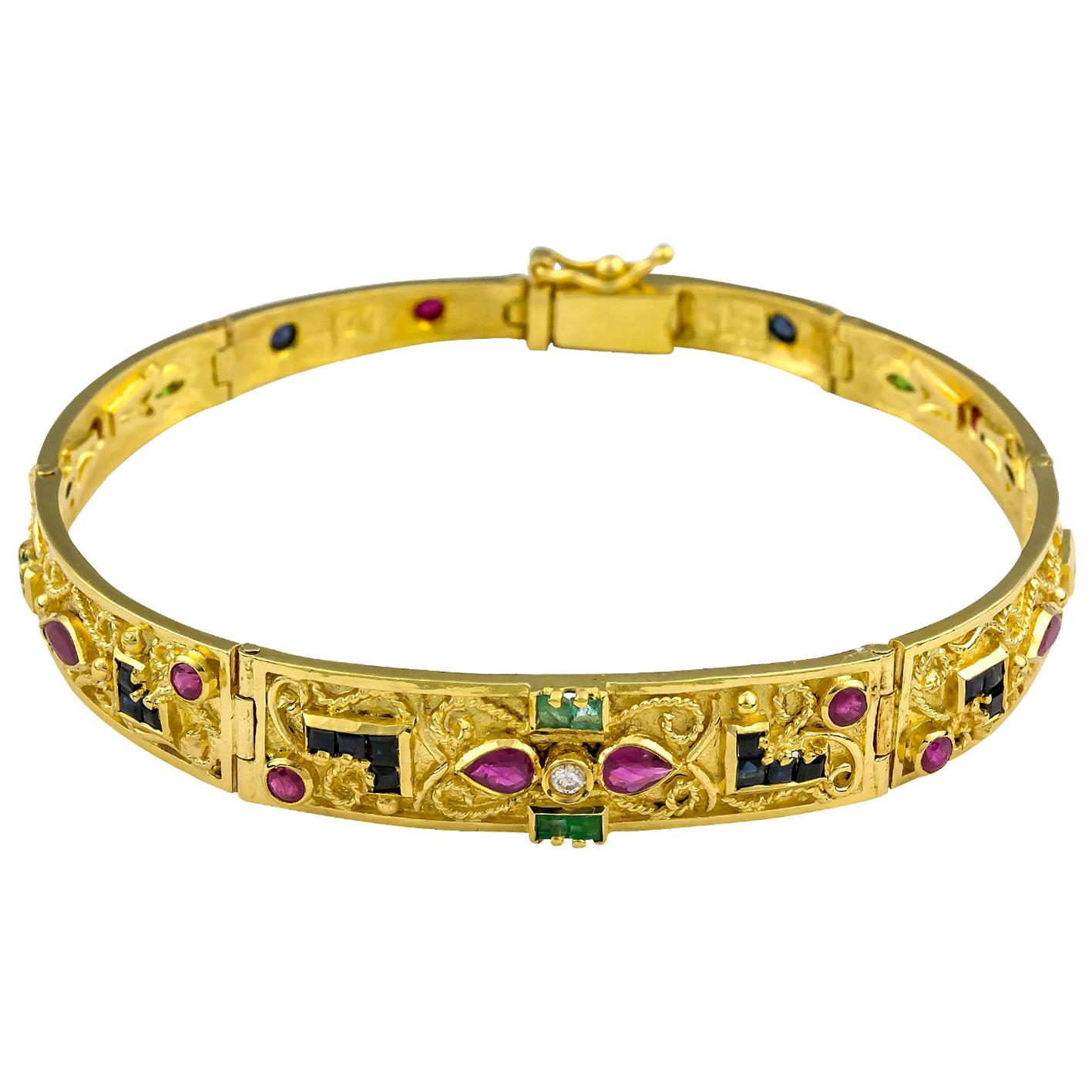 Georgios Collections 18 Karat Gold Ruby Emerald Sapphire and Diamond Bracelet For Sale
