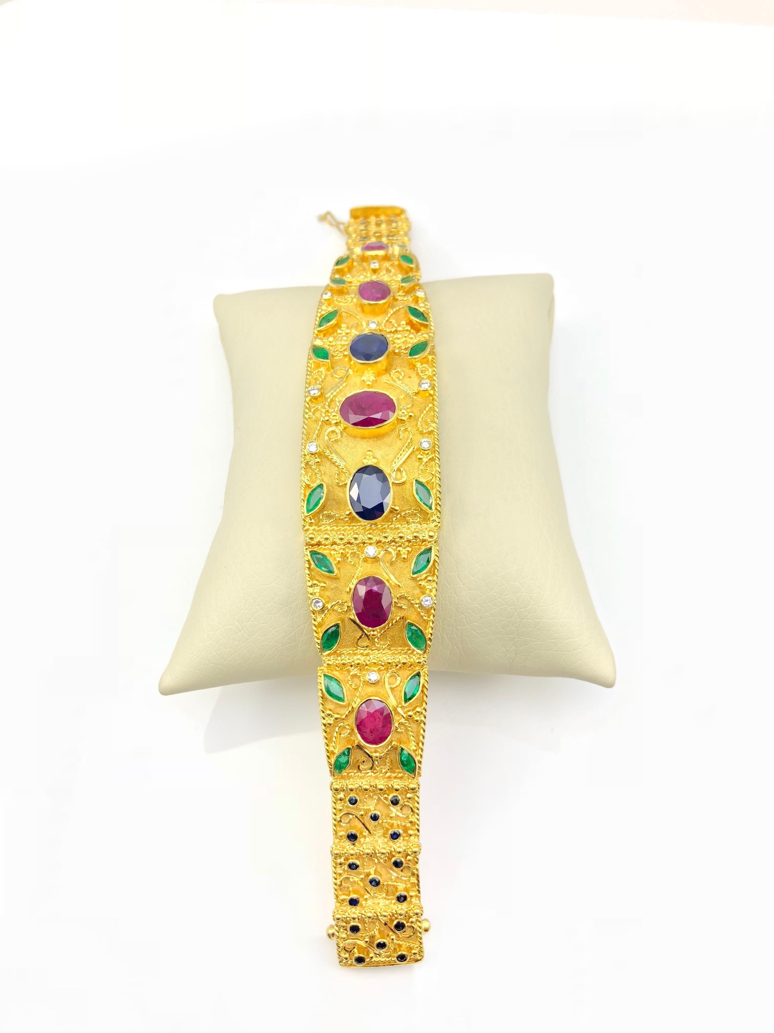Byzantine Georgios Collections 18 Karat Gold Ruby Emerald Sapphire Diamond Wide Bracelet