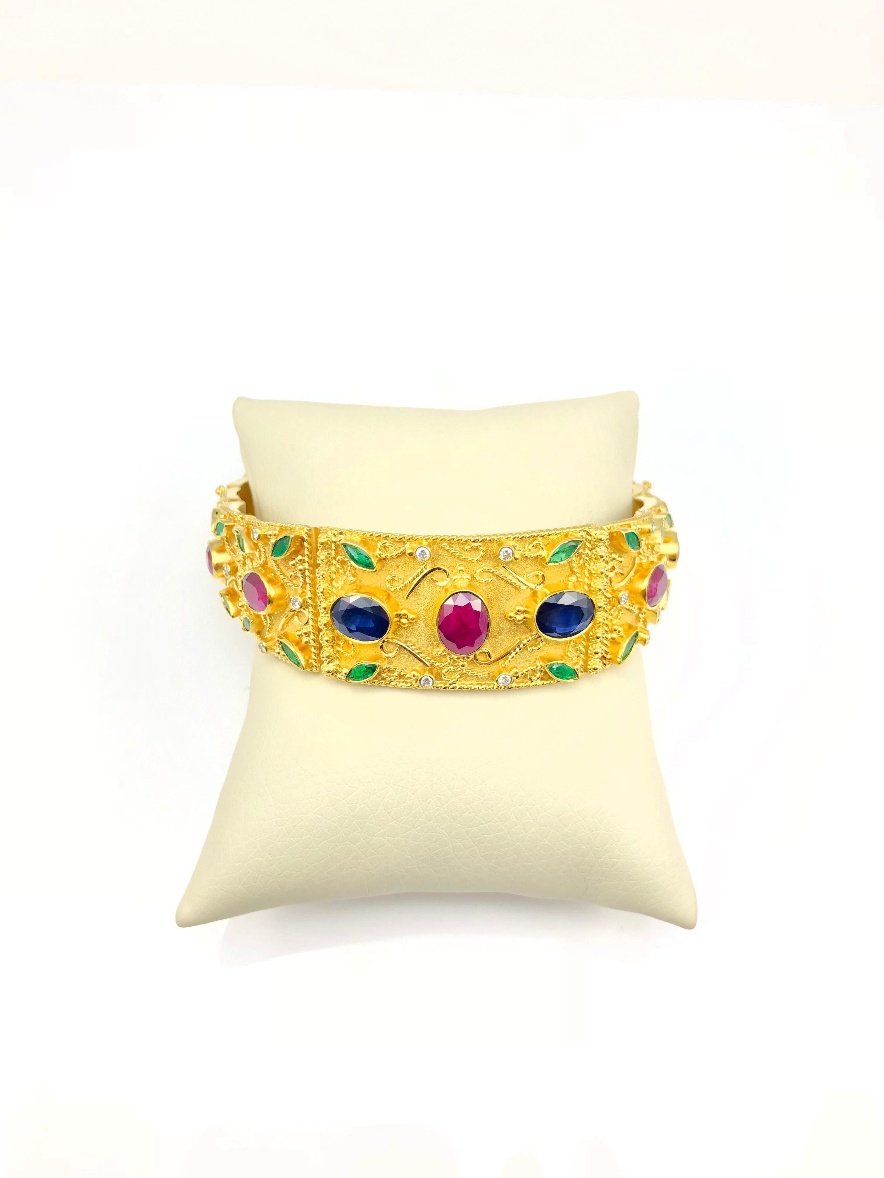 Georgios Collections 18 Karat Gold Ruby Emerald Sapphire Diamond Wide Bracelet In New Condition In Astoria, NY