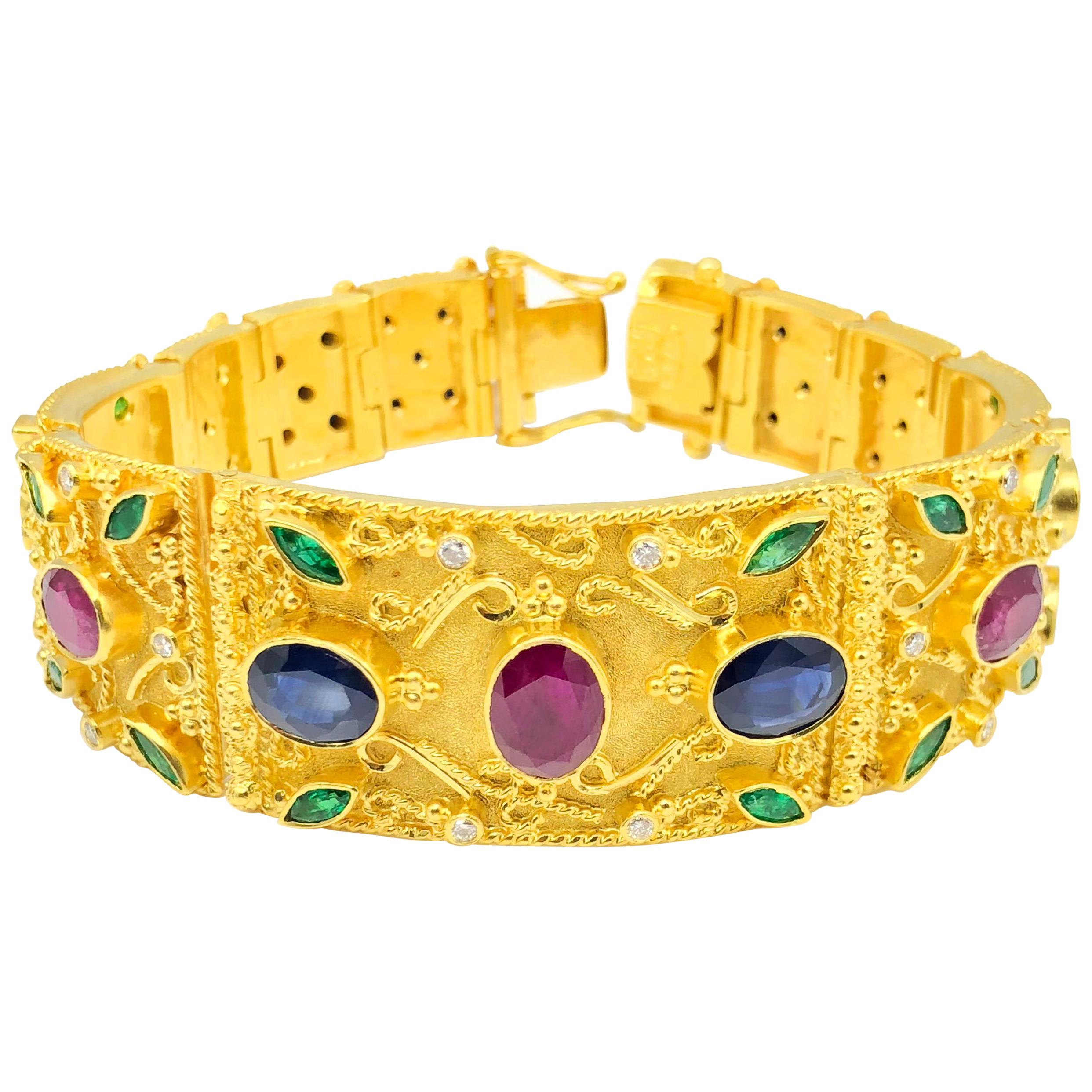 Georgios Collections 18 Karat Gold Ruby Emerald Sapphire Diamond Wide Bracelet