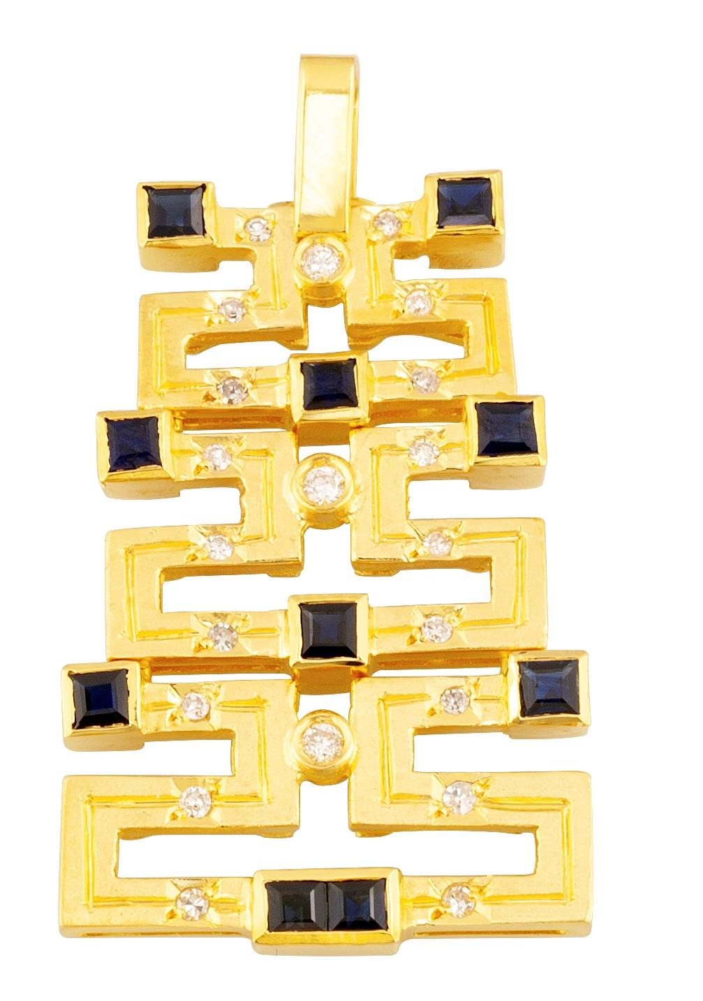 Georgios Kollektionen 18 Karat Gold Saphir und Diamant Griechischer Schlüssel Langer Anhänger im Zustand „Neu“ im Angebot in Astoria, NY