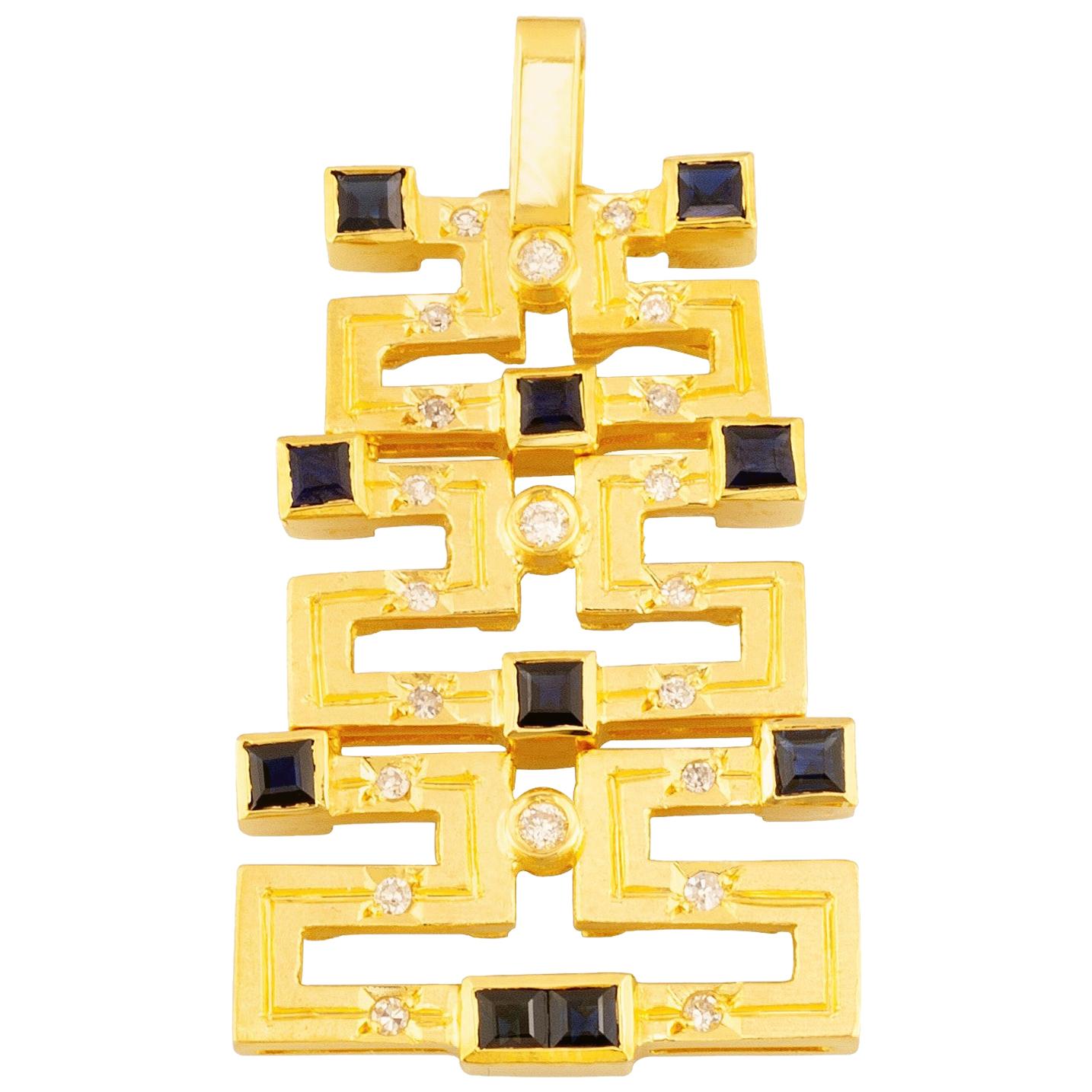 Georgios Collections 18 Karat Gold Sapphire and Diamond Greek Key Long Pendant For Sale