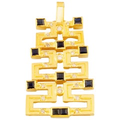 Georgios Collections 18 Karat Gold Sapphire and Diamond Greek Key Long Pendant