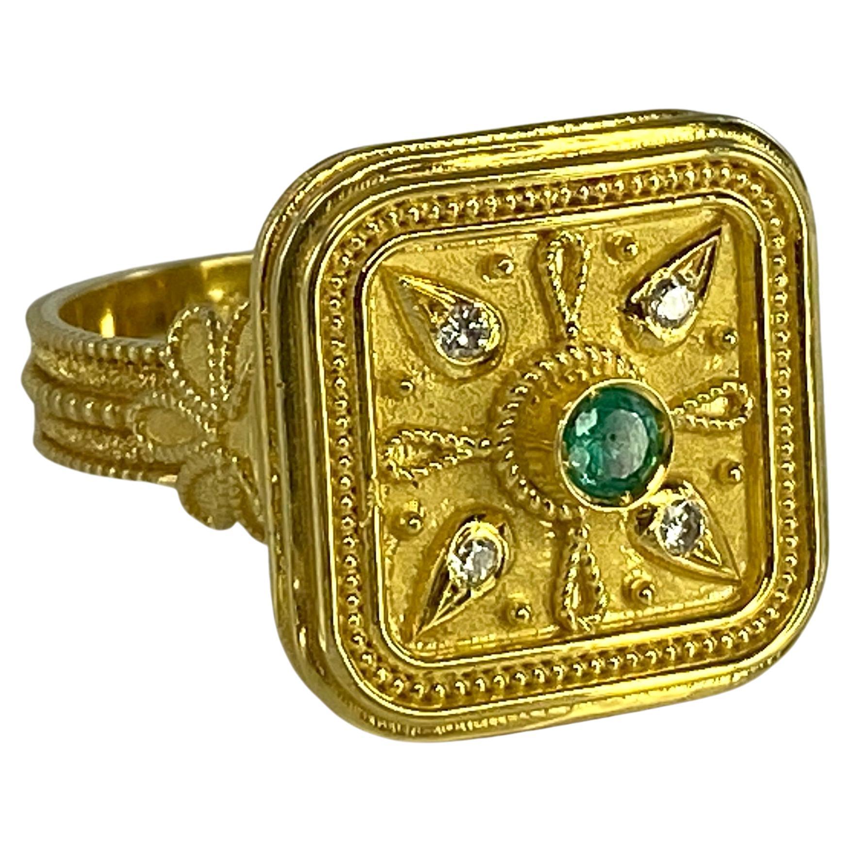 Georgios Kollektionen 18 Karat Gold Quadratischer Diamantring mit Smaragd Granulation