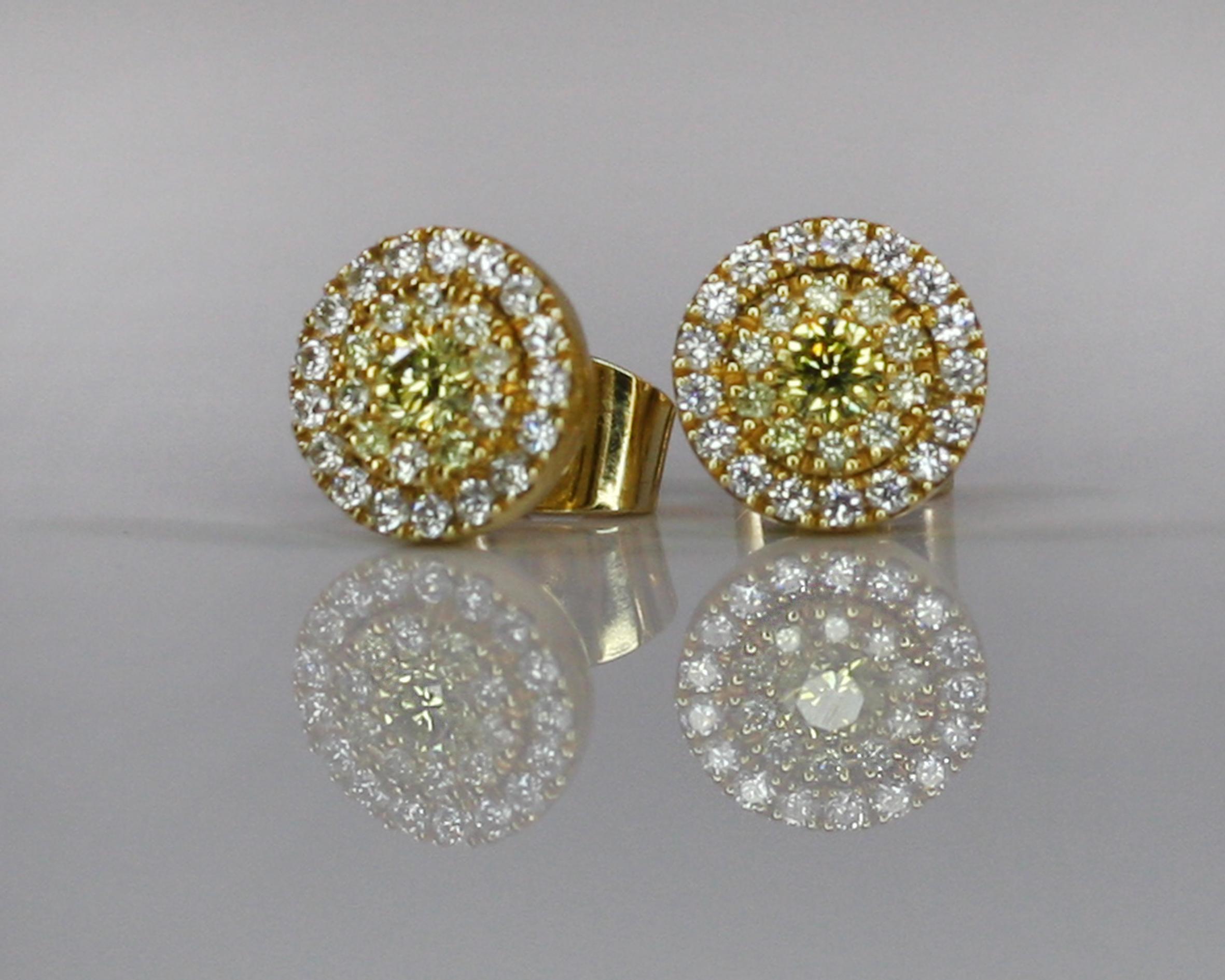 Brilliant Cut Georgios Collections 18 Karat Gold Stud Earrings with White and Yellow Diamonds For Sale