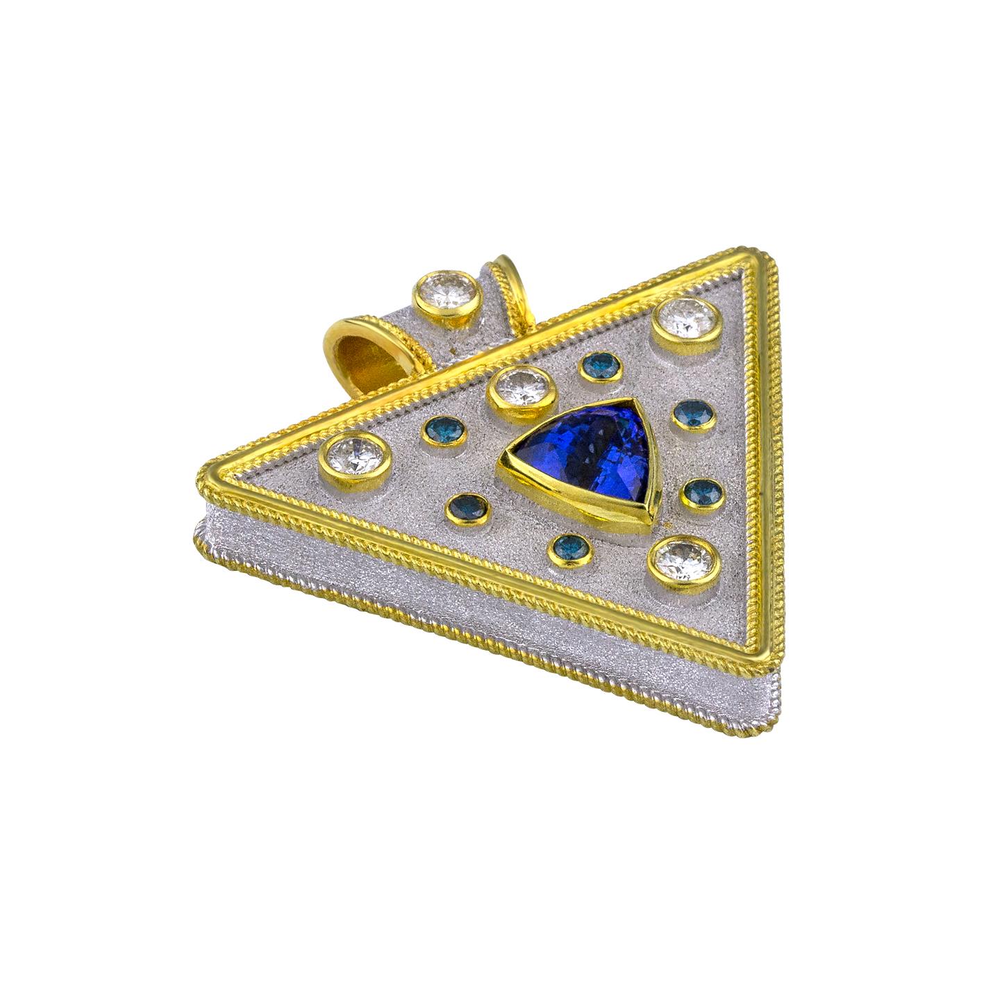 S.Georgios designer pendant enhancer is all handmade in 18 Karat yellow and white gold all custom made. It's microscopically decorated - with granulation work. The background of the pendant has a gorgeous unique velvet look, typical for Byzantine
