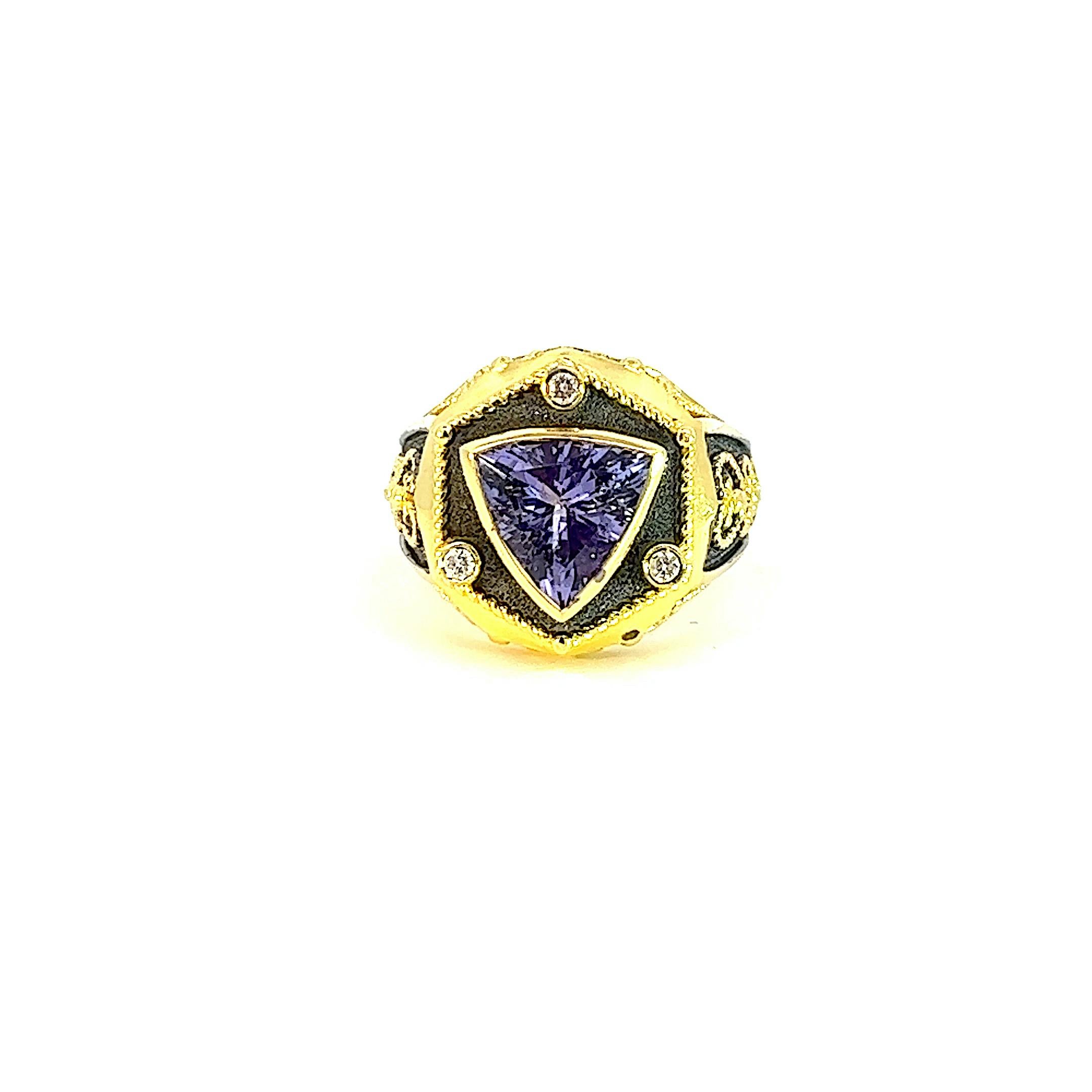 Georgios Collections 18 Karat Gold Trillion Cut Tanzanite and Diamond Ring For Sale 3