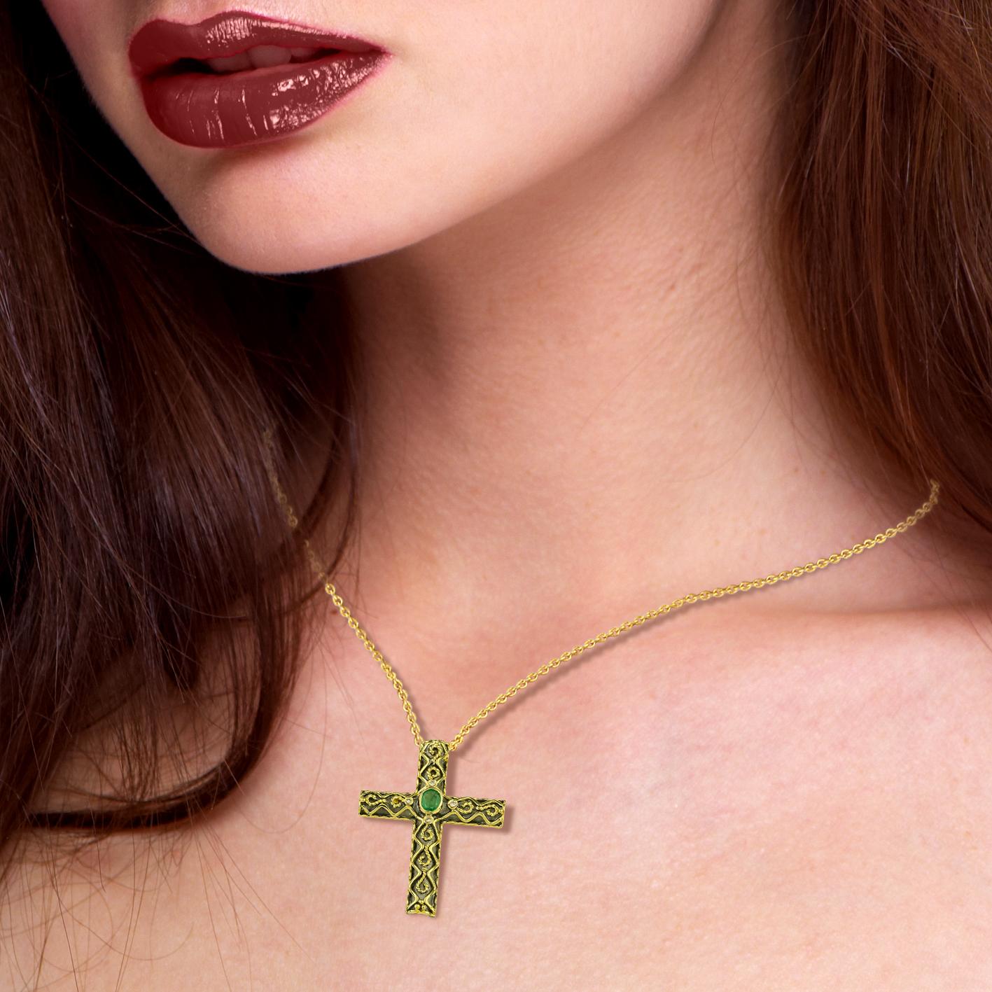 Oval Cut Georgios Collections 18 Karat Gold Two-Tone Emerald and Diamond Byzantine Cross 