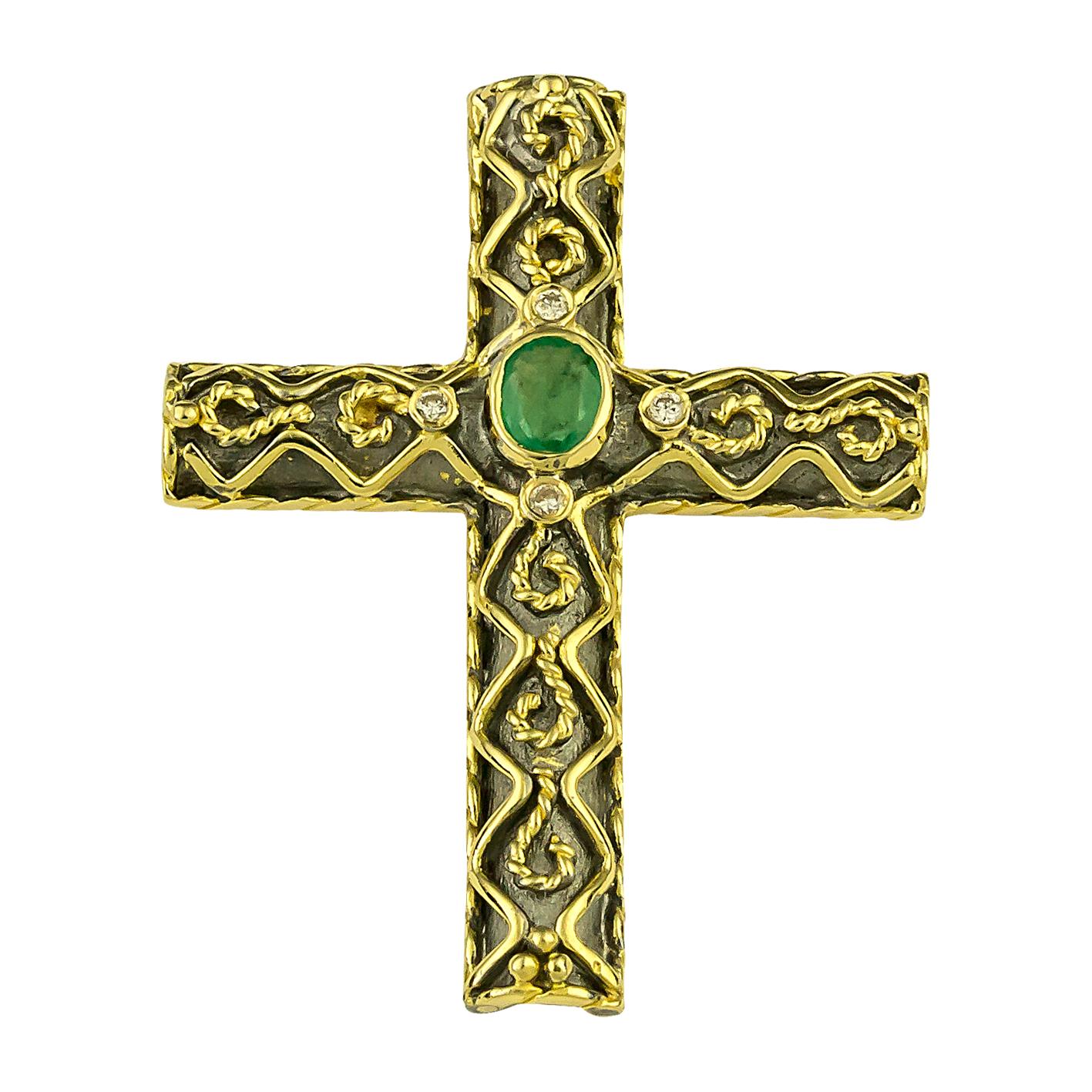 Oval Cut Georgios Collections 18 Karat Gold Two-Tone Emerald and Diamond Byzantine Cross For Sale