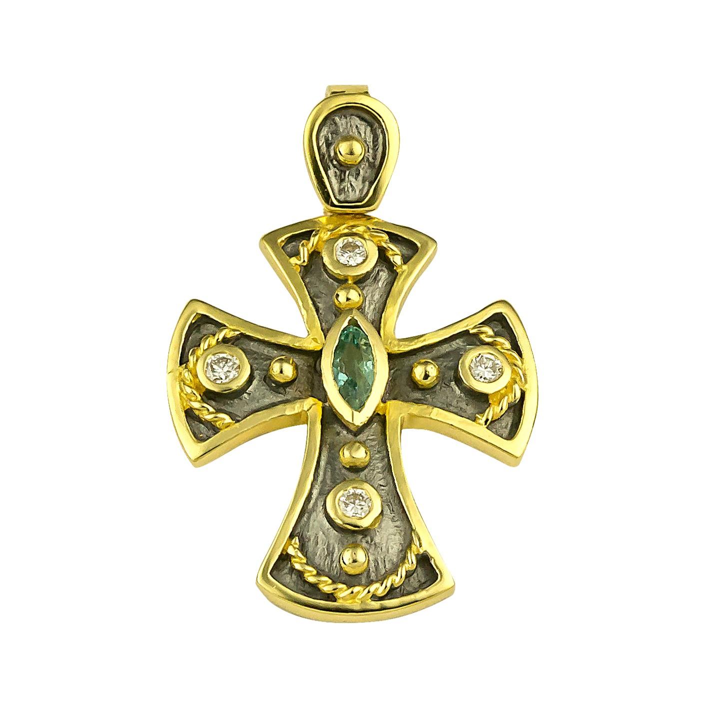 Marquise Cut Georgios Collections 18 Karat Gold Two-Tone Emerald and Diamond Byzantine Cross For Sale