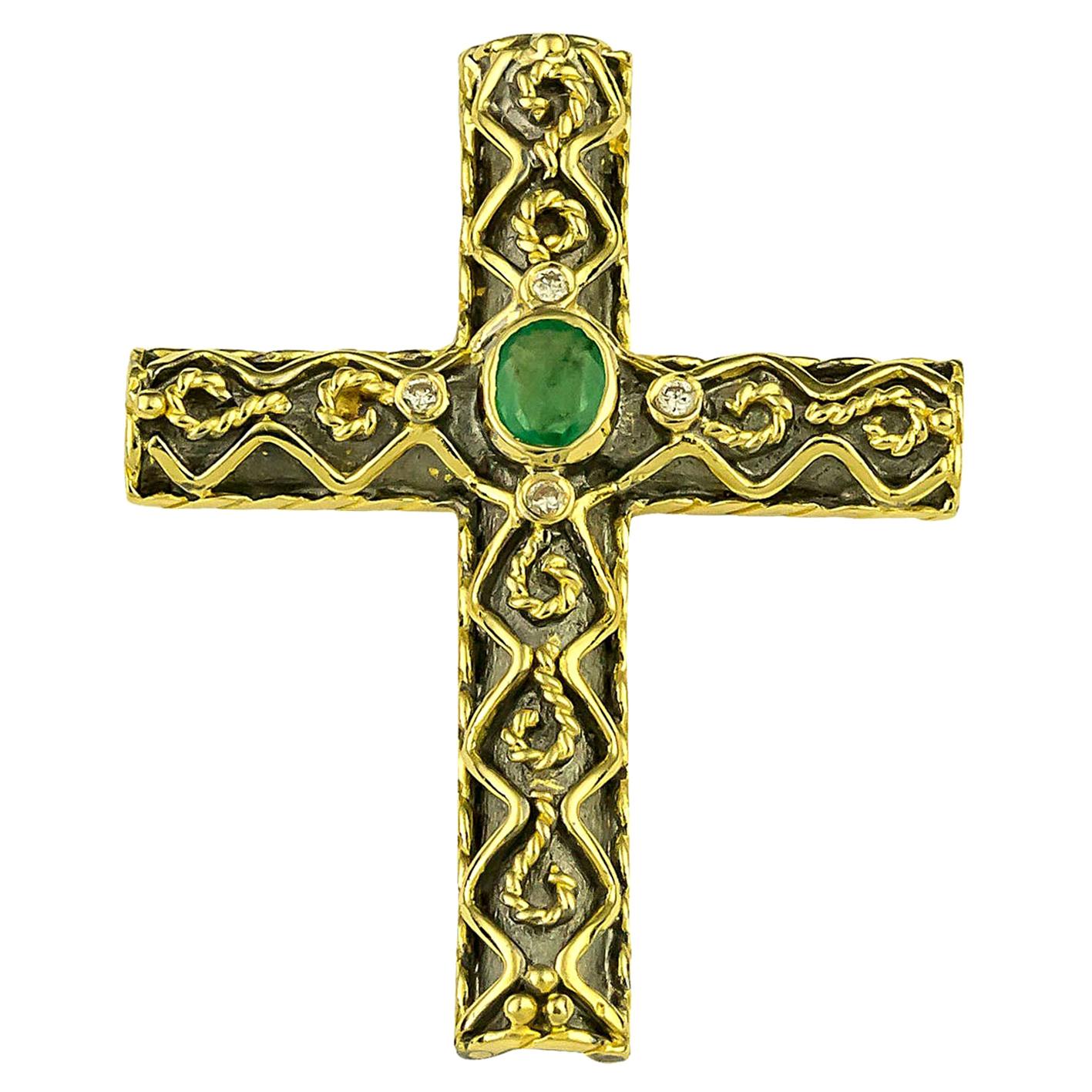 Georgios Kollektionen 18 Karat Gold zweifarbiges byzantinisches Smaragd- und Diamantkreuz