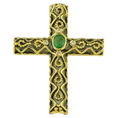 Georgios Collections Croix byzantine en or 18 carats bicolore avec émeraudes et diamants