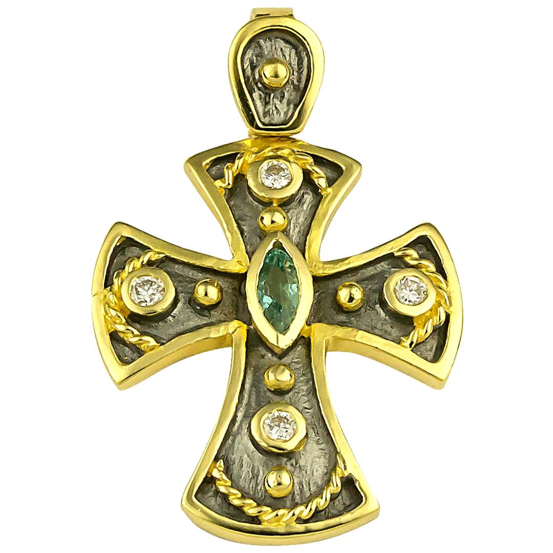 Georgios Collections 18 Karat Gold Two-Tone Emerald and Diamond Byzantine Cross For Sale