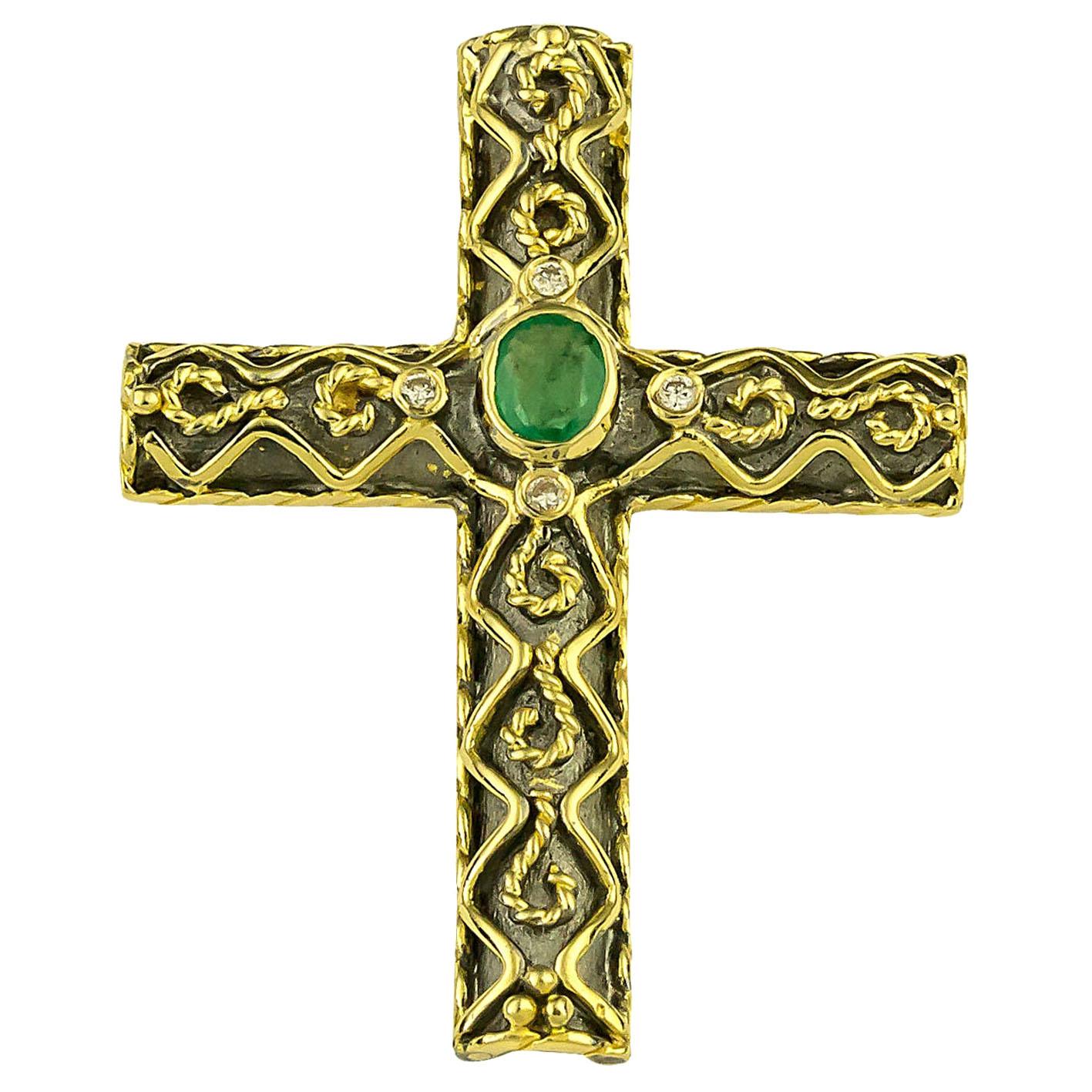 Georgios Collections 18 Karat Gold Two-Tone Emerald and Diamond Byzantine Cross 