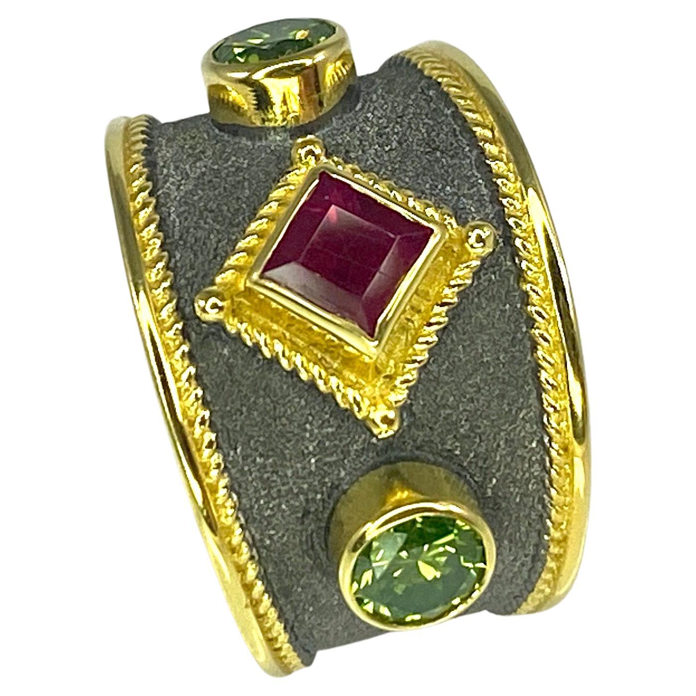 Georgios Collections 18 Karat Gold Two Tone Green Diamond and Ruby Ring  For Sale