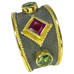 Georgios Collections 18 Karat Gold Two Tone Green Diamond and Ruby Ring 
