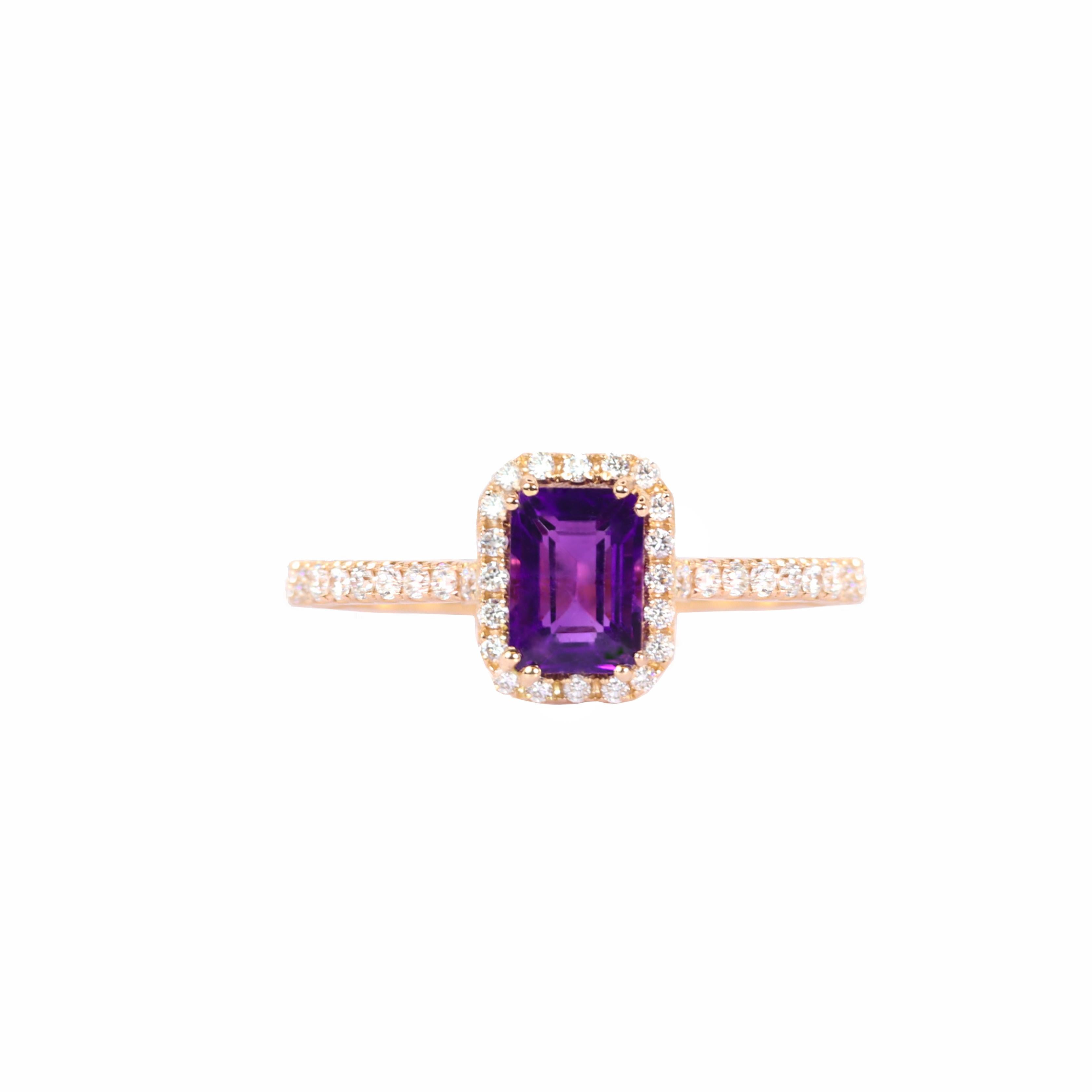 S.Georgios designer presents an emerald shape 0.99 Carats Amethyst ring with a White Diamond Bezel with a total weight of 0.35 Carats. This simple yet stunning ring is handmade from 18 Karat Rose Gold in Athens Greece. The ring features a beautiful